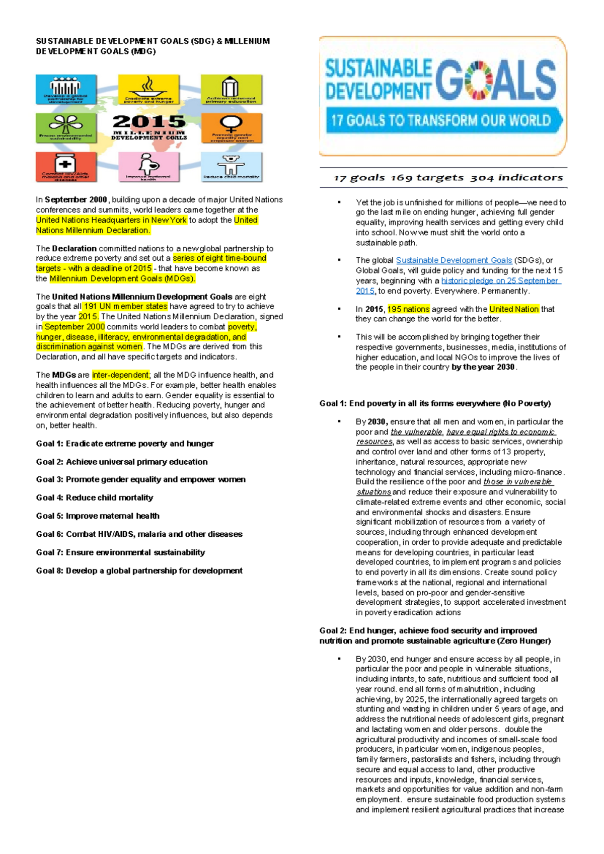 SDG & MDG Overview: Goals for a Sustainable Future - Studocu