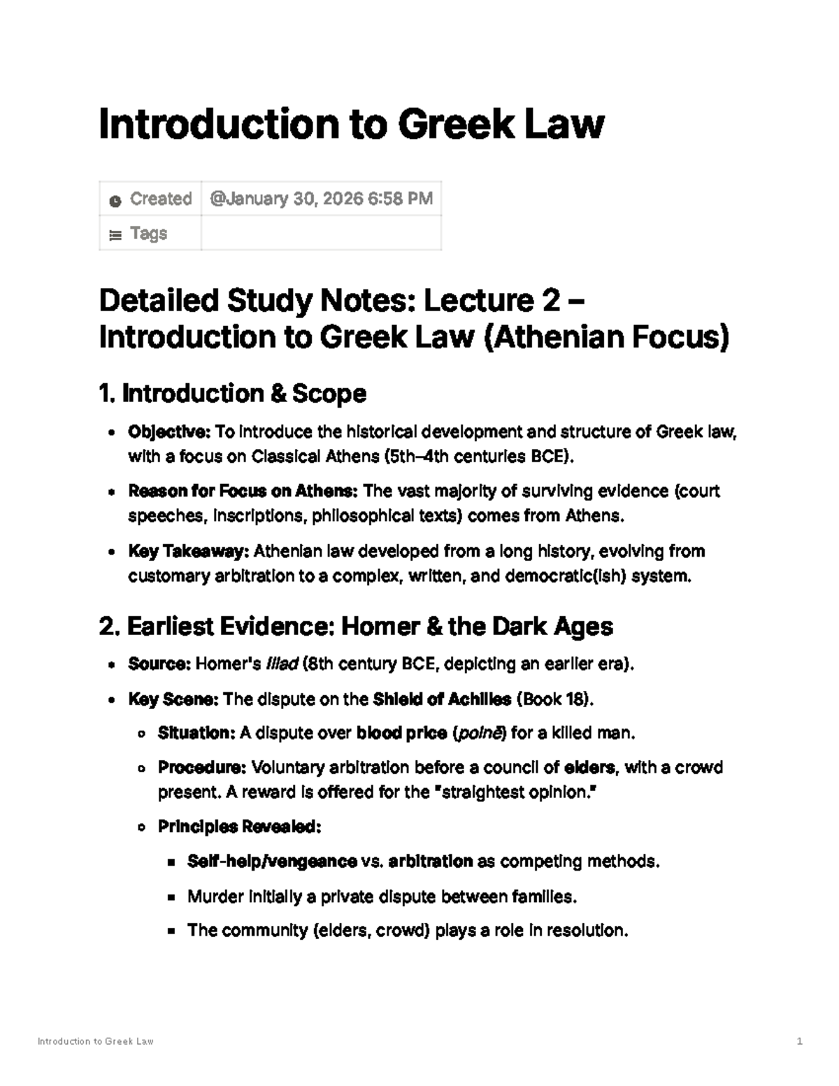Detailed Study Notes: Lecture 2 on Greek Law (Athenian Focus) - Studocu