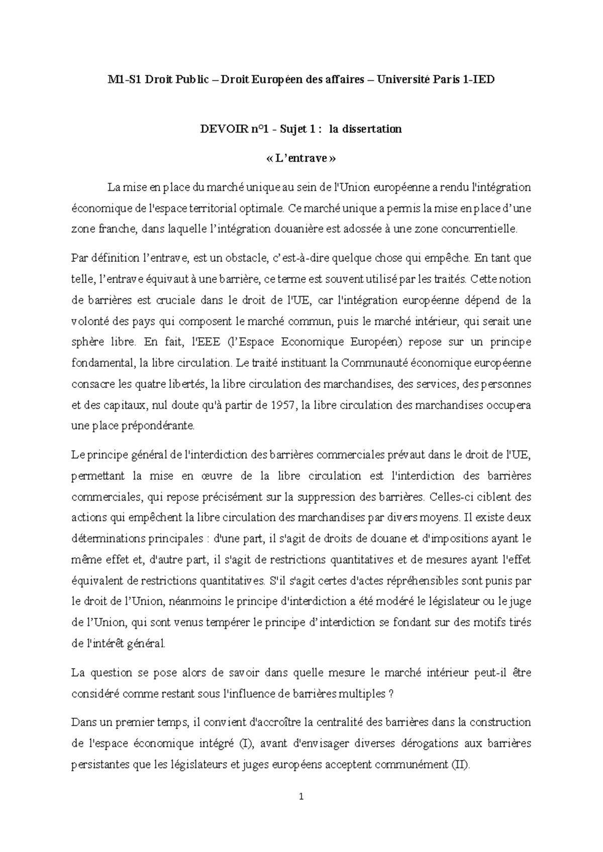 Droit Européen des Affaires - Dissertation sur l'Entrave au Marché ...