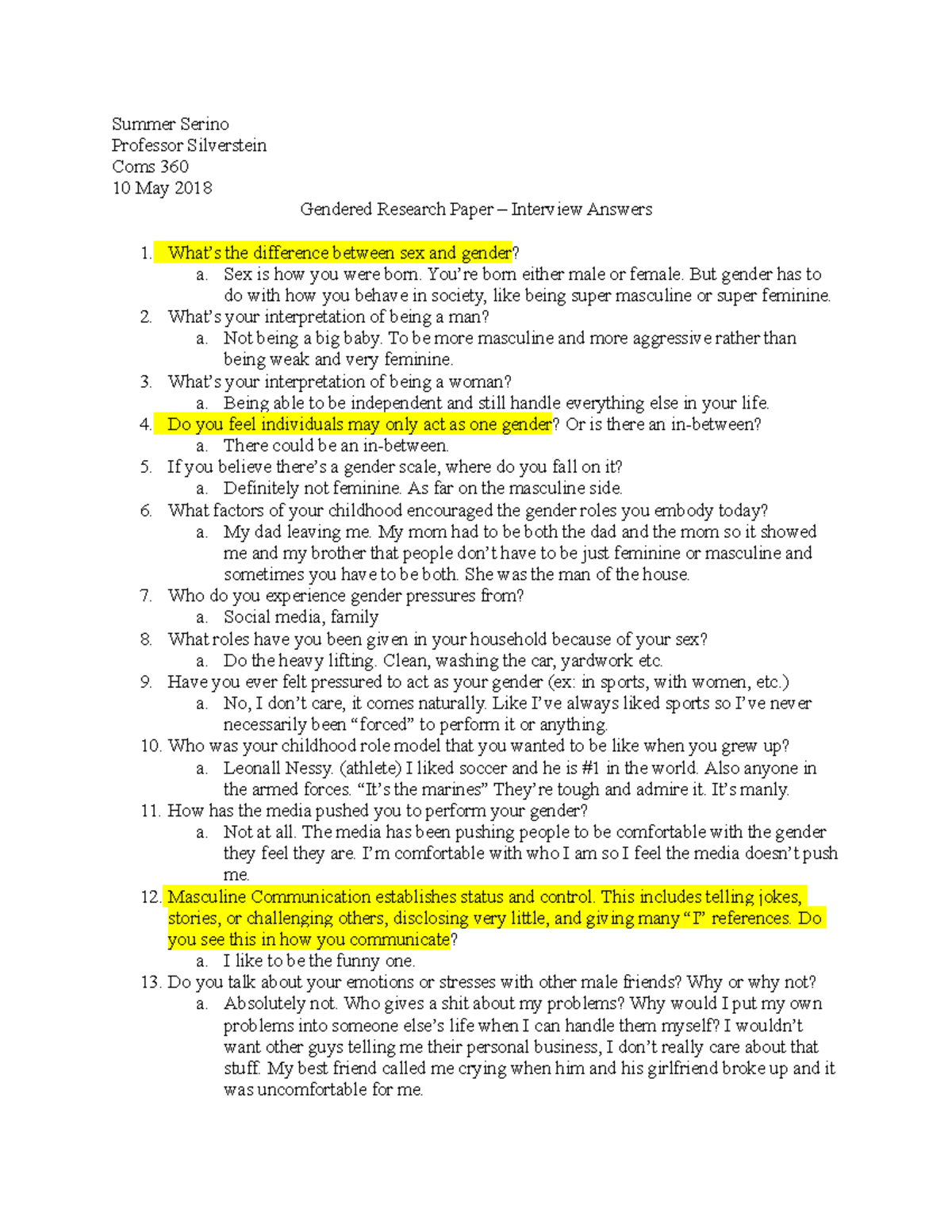 Coms360 - Gendered Research Paper Interview Responses - Studocu