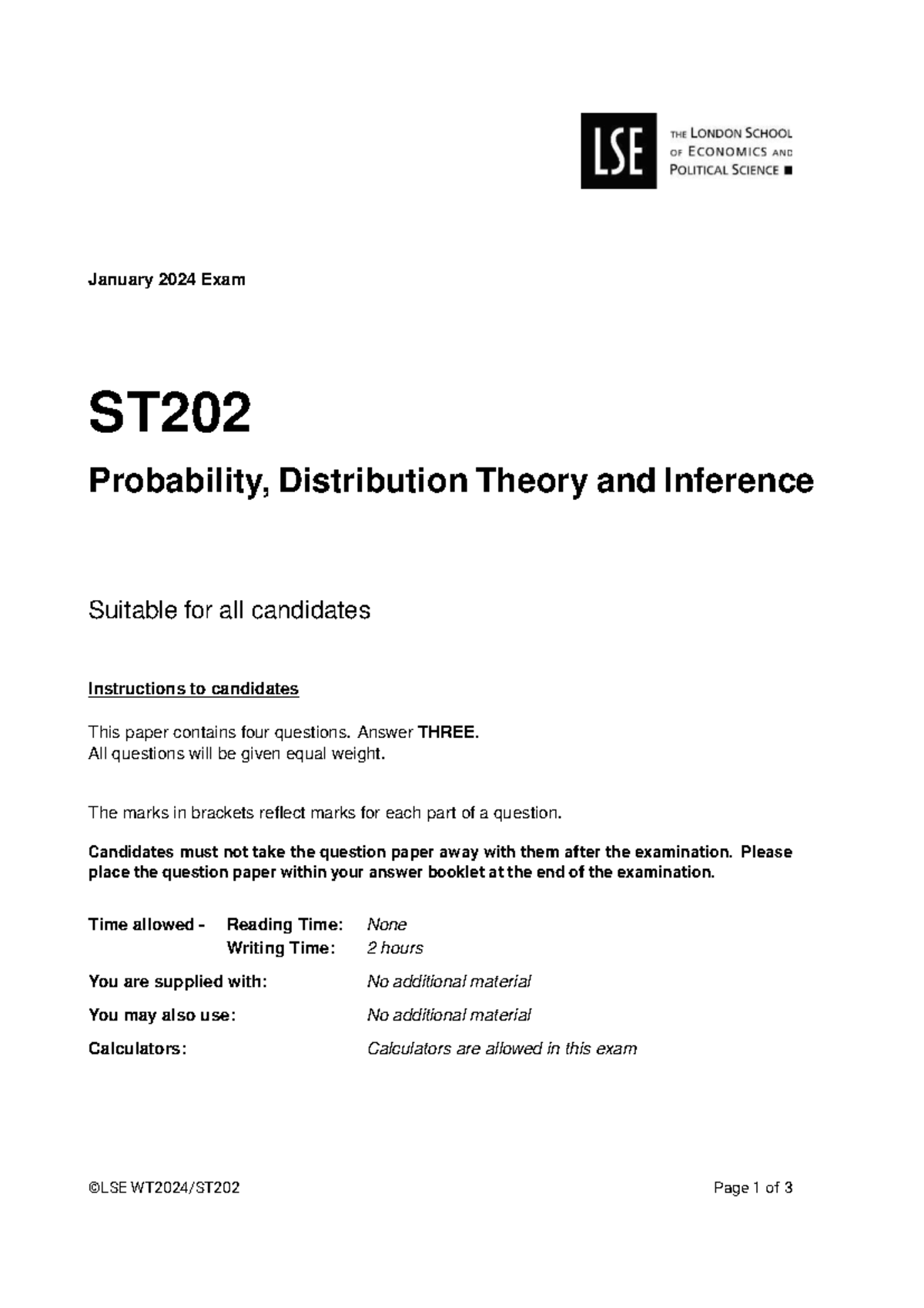 ST202 January 2024 Exam: Probability, Distribution Theory & Inference ...