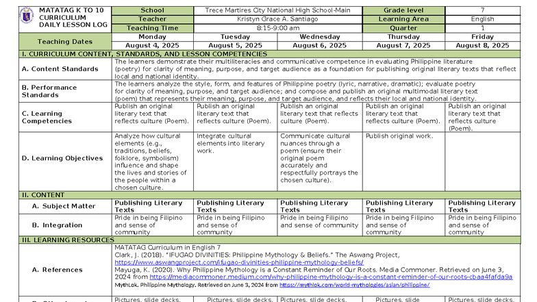 Santiago DLL Q1 W8 - DLL - MATATAG K TO 10 CURRICULUM DAILY LESSON LOG ...