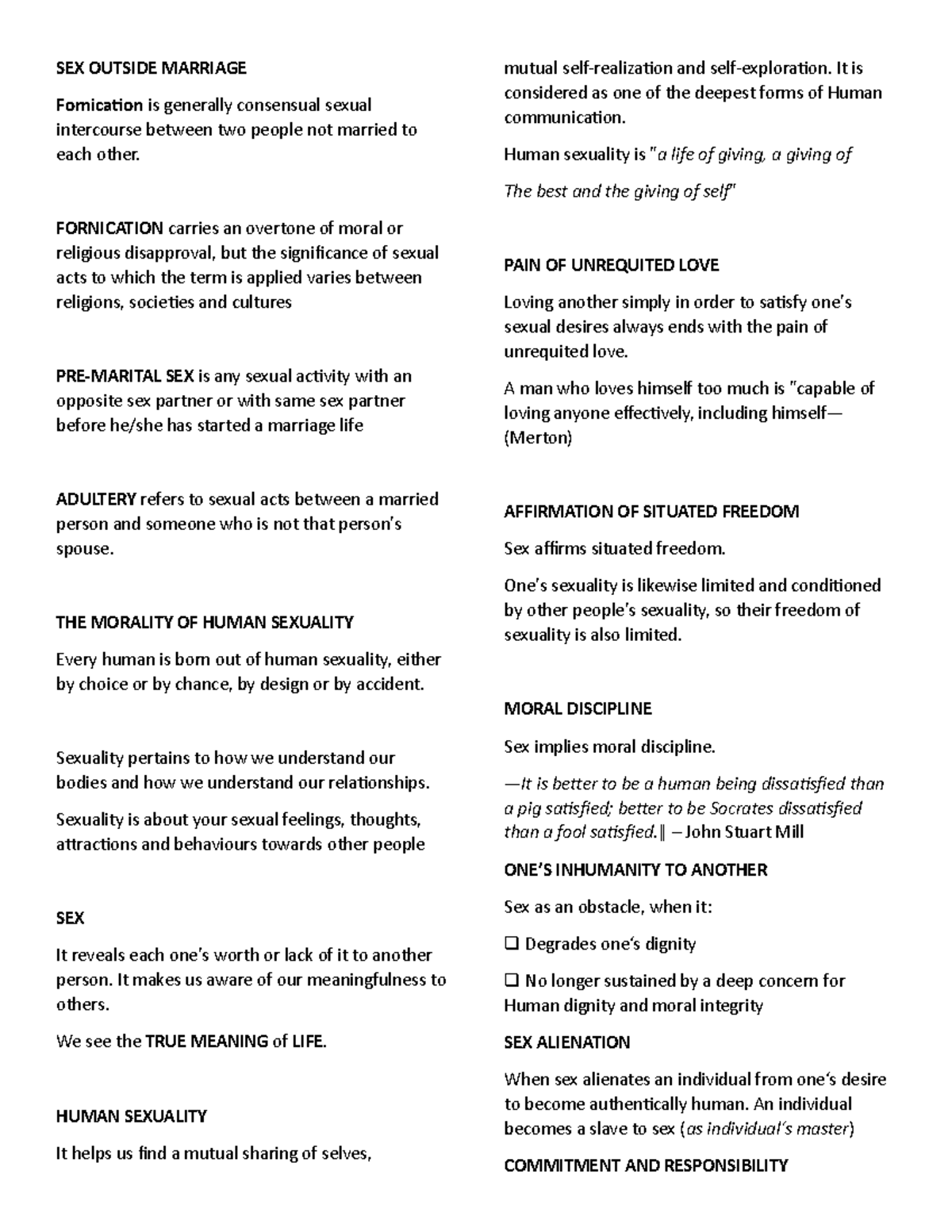 GRP 1 - Lecture notes 2 - SEX OUTSIDE MARRIAGE Fornication is generally ...