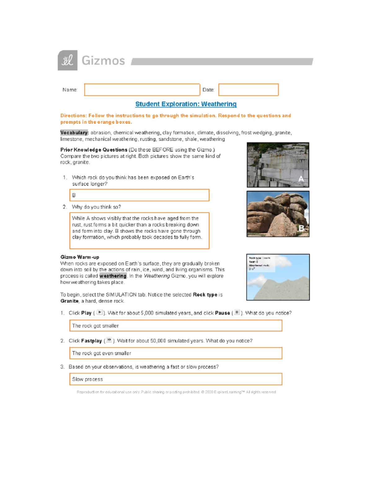 Science Gizmo for Answers - Gizmos Name: Date: Student Exploration: Weathering Directions ...