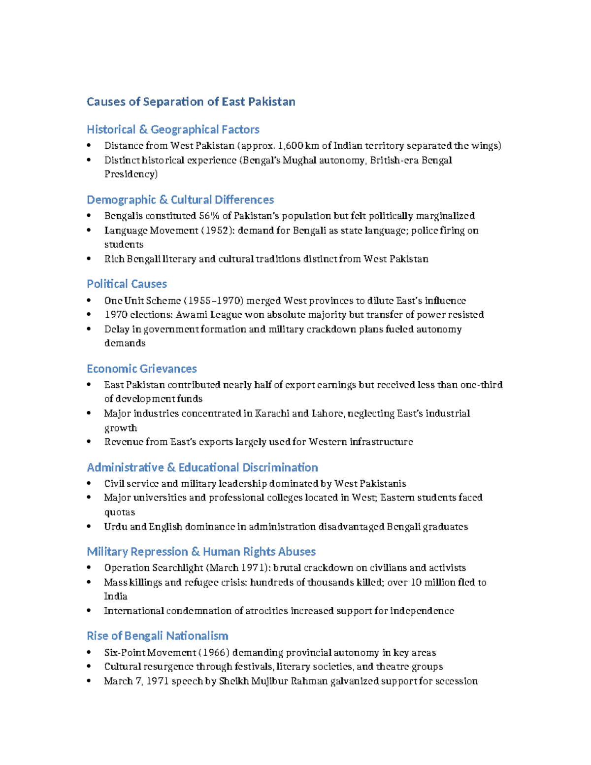 Causes of Separation of East Pakistan: Historical and Political Factors ...