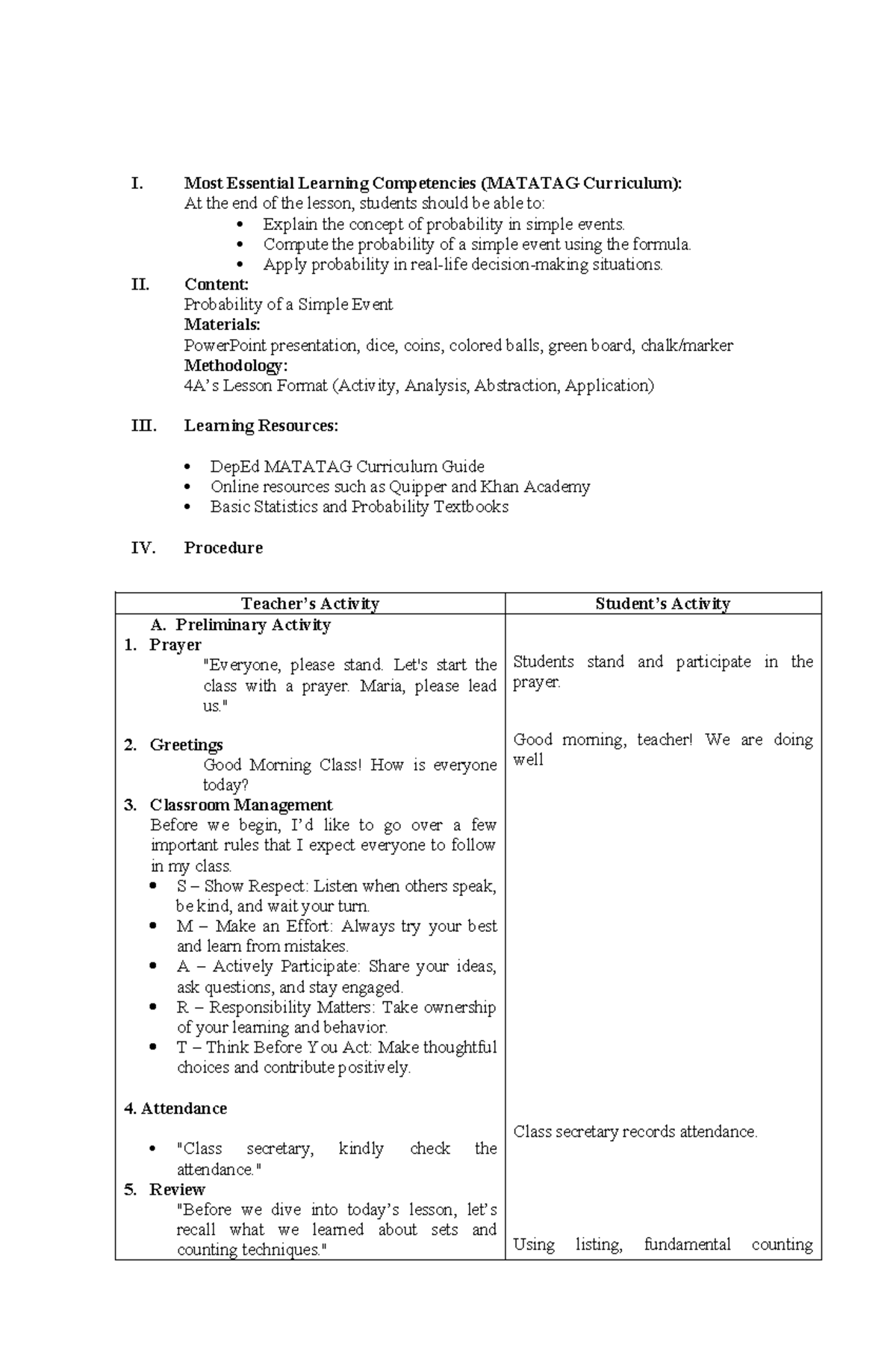 Probability of a Simple Event Lesson Plan (MATATAG Curriculum) - Studocu