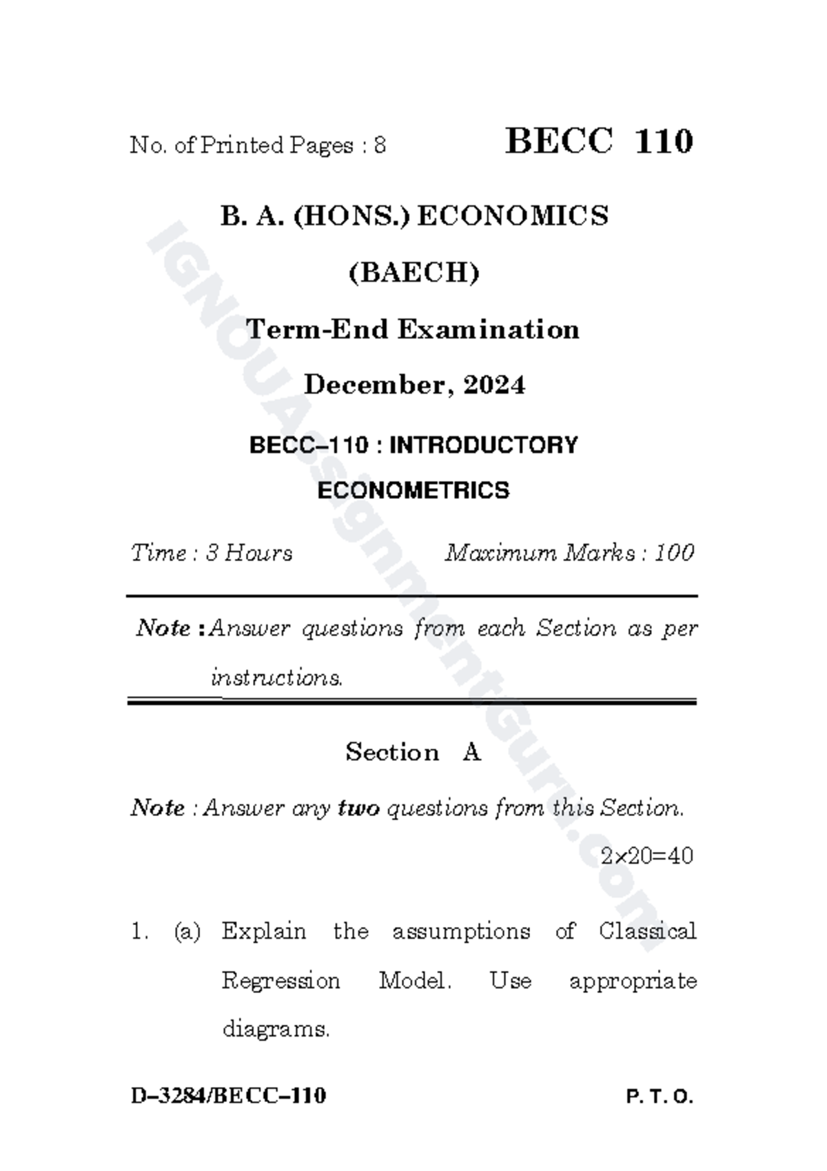 BECC-110: Introductory Econometrics Term-End Exam December 2024 - Studocu