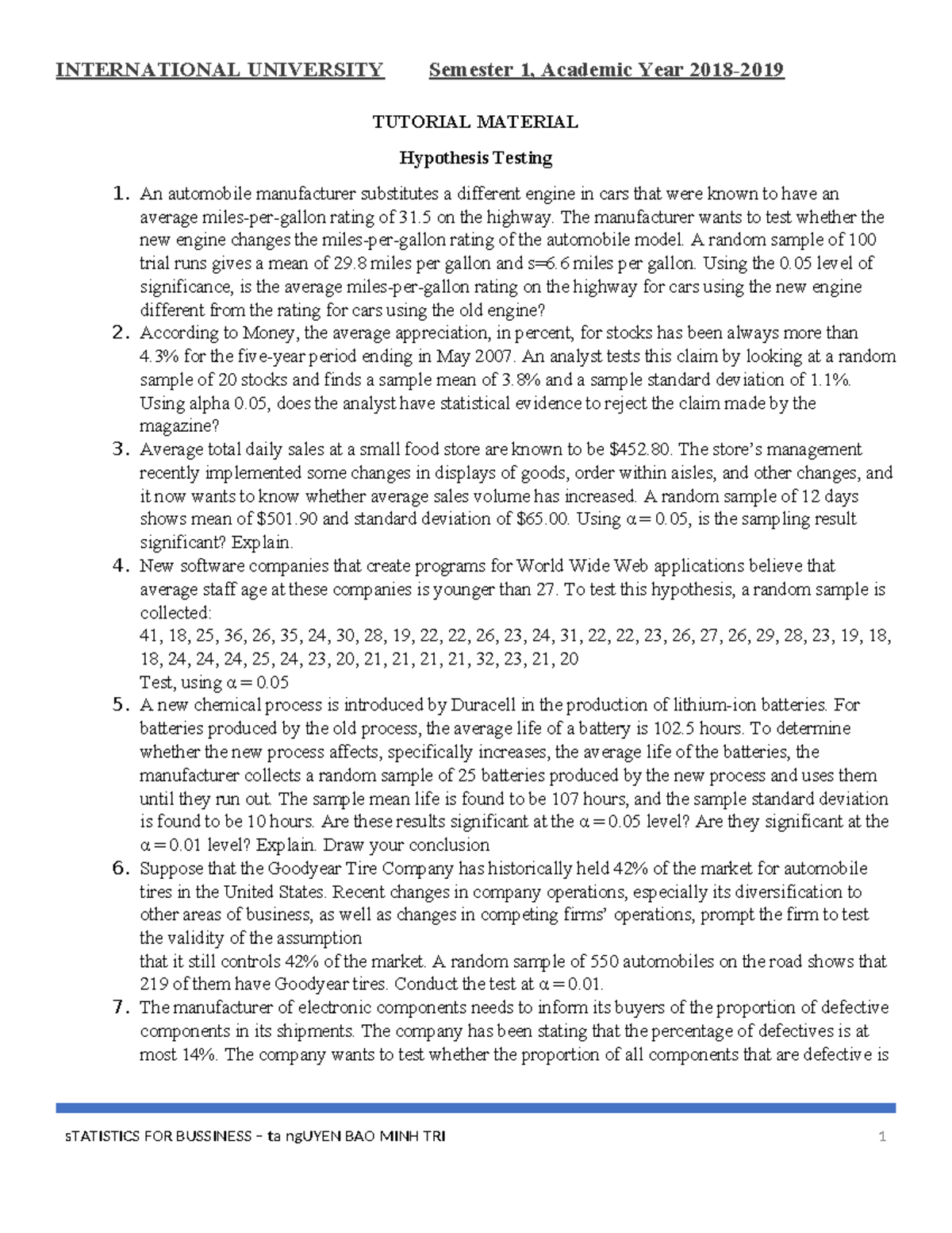 INTERNATIONAL UNIVERSITY Semester 1: Hypothesis Testing Practice ...