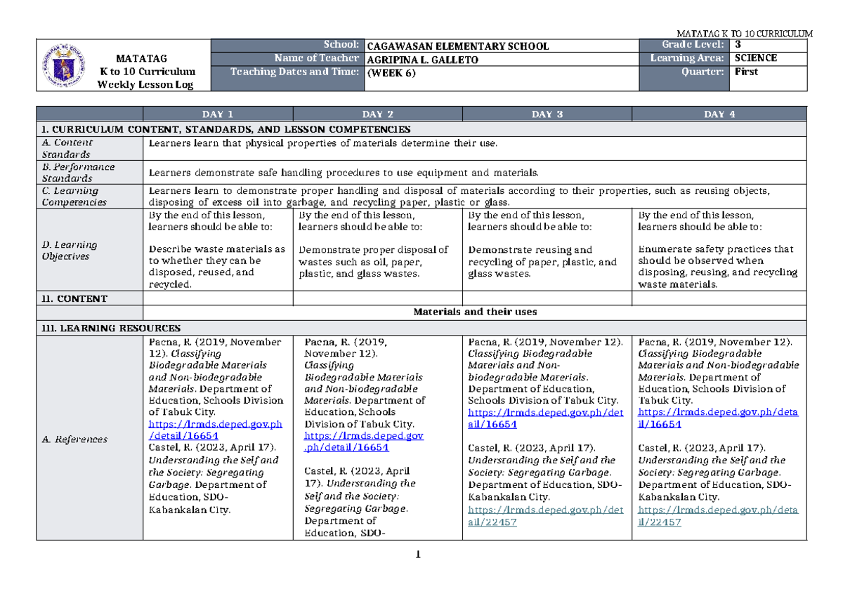 DLL Matatag K to 10 Science 3 Q1 Week 6 Lesson Log - Studocu