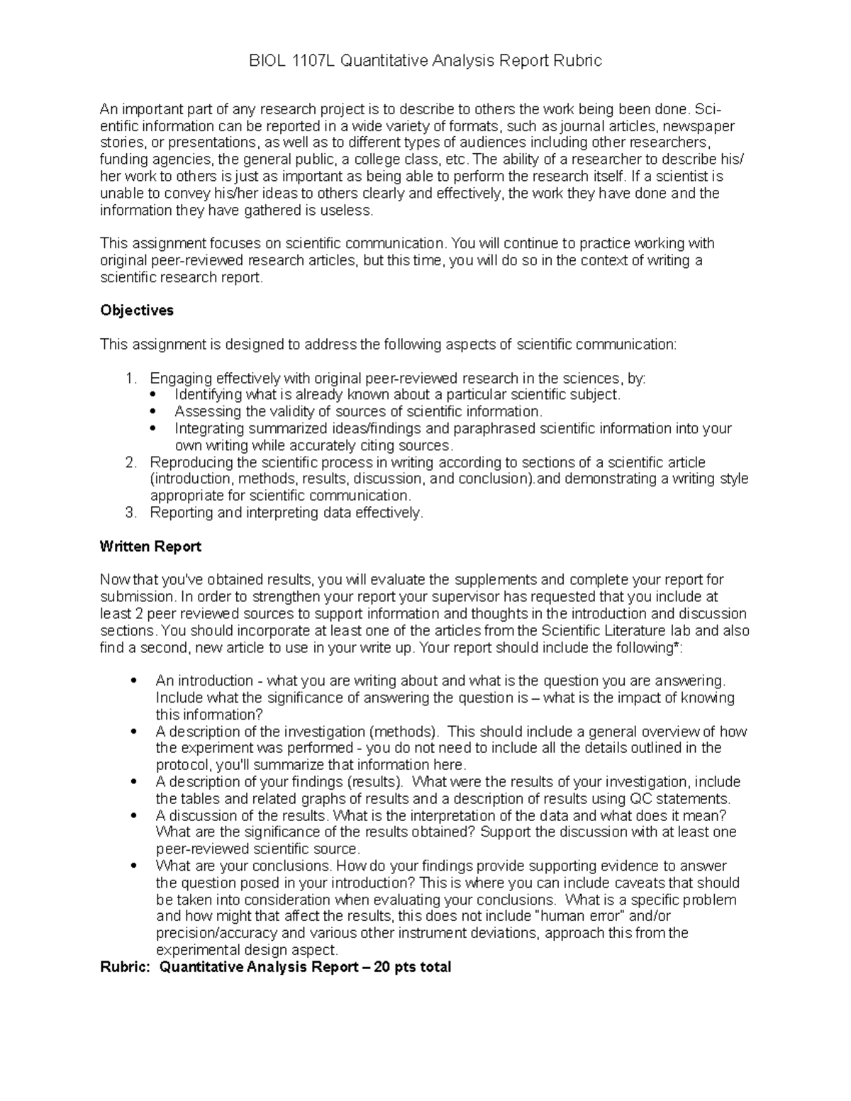 BIOL 1107L Final Report on Quantitative Analysis & Communication Skills ...