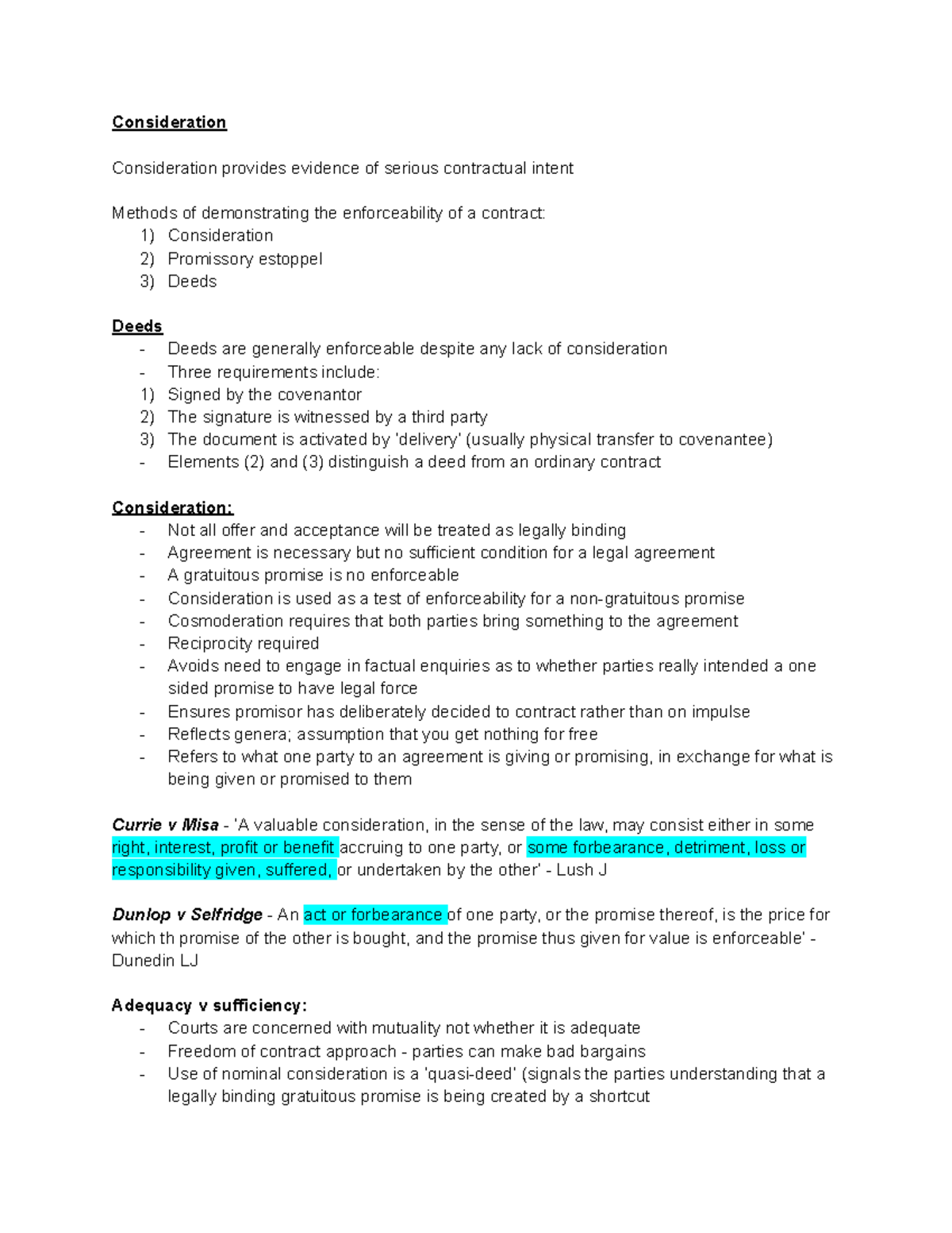 Contract Law: Understanding Consideration and Its Enforceability - Studocu