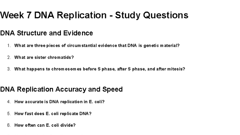Genetics Study Questions: Week 7 - DNA Replication Insights - Studocu