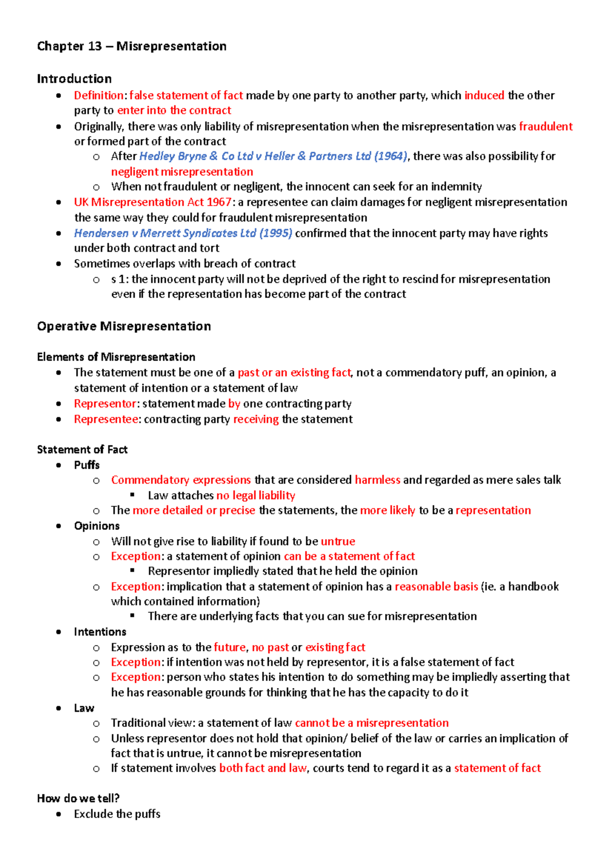 Chapter 13 - Misrepresentation: Key Concepts and Legal Framework - Studocu