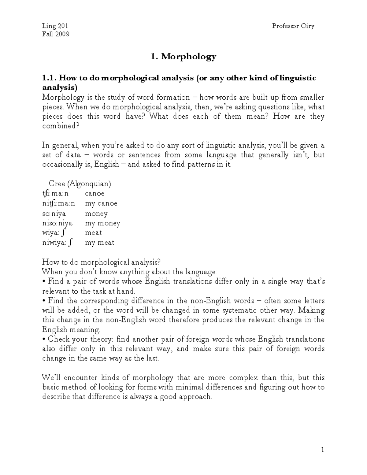 Morphology Study Notes (LING 101) - Fall 2009 - Studocu