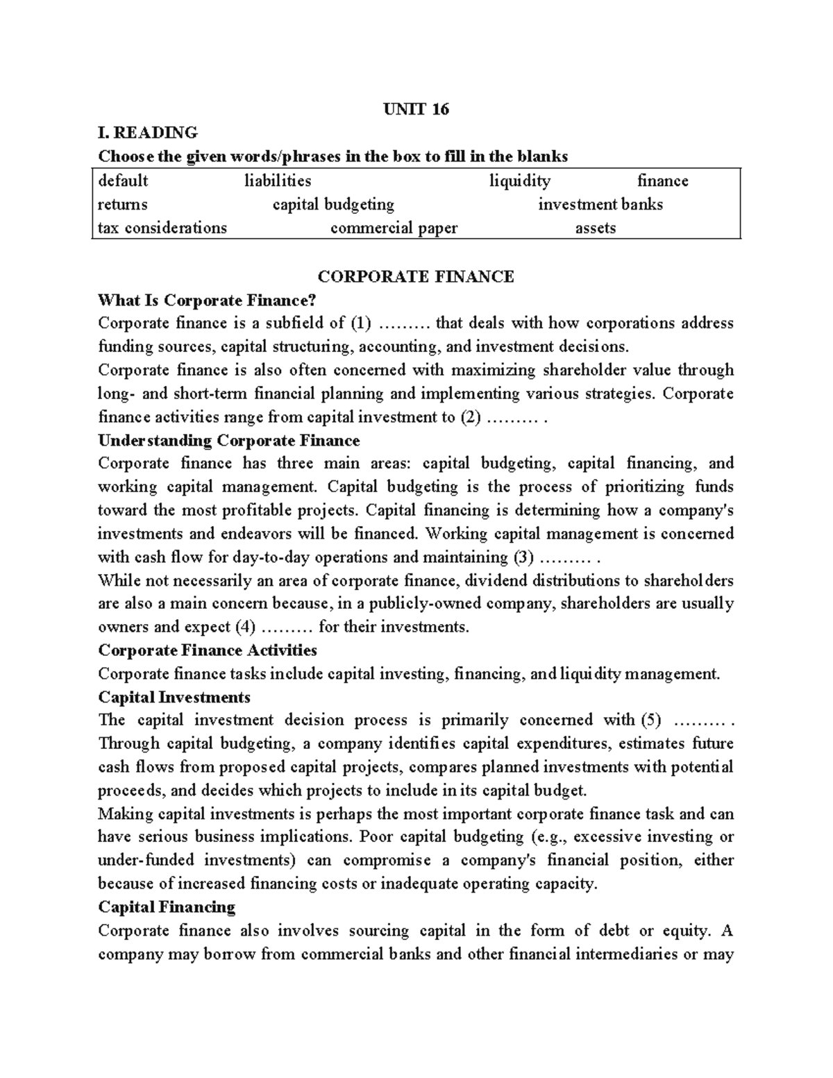 U16 - Corporate Finance Overview and Key Concepts - Studocu