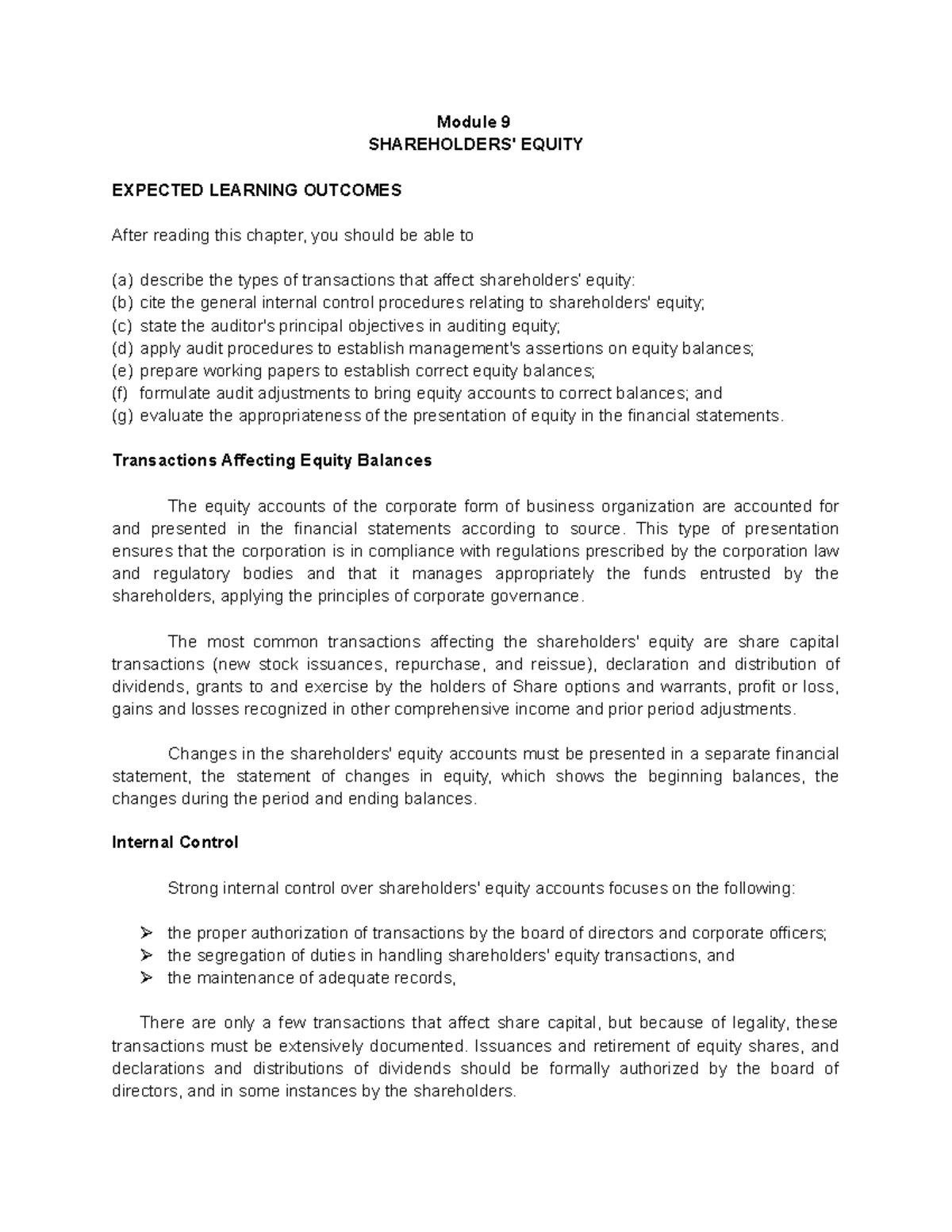 Shareholders' Equity - Lecture Notes Module 9 Overview and Audit ...