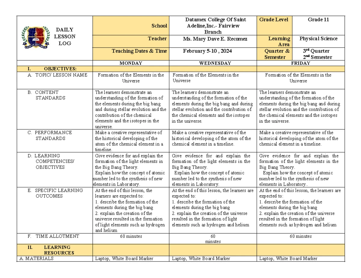 Physical Science 12: Week 1 Lesson Log on Element Formation - Studocu