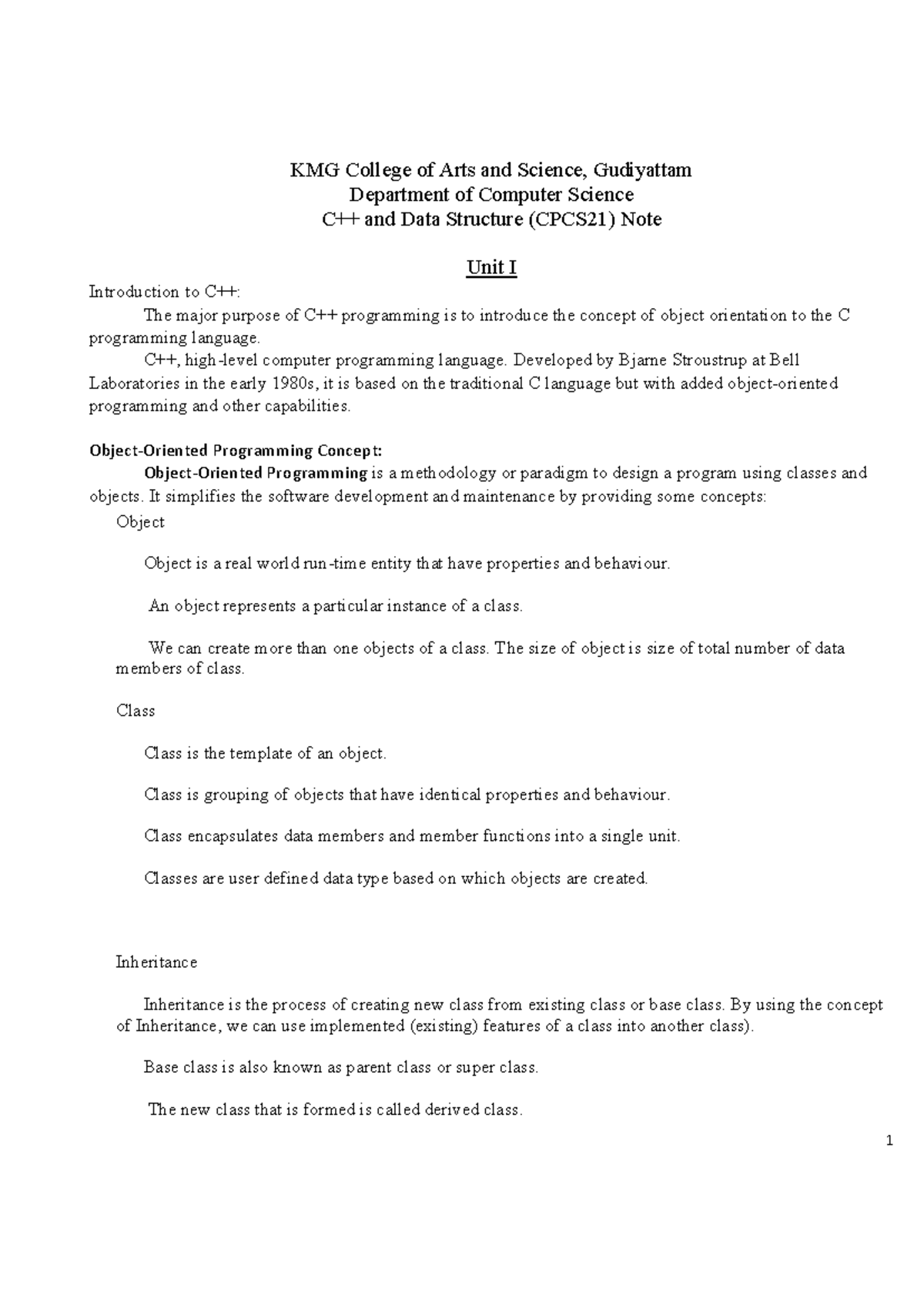 CPCS21: Unit I Notes on C Programming & Object Orientation Concepts ...