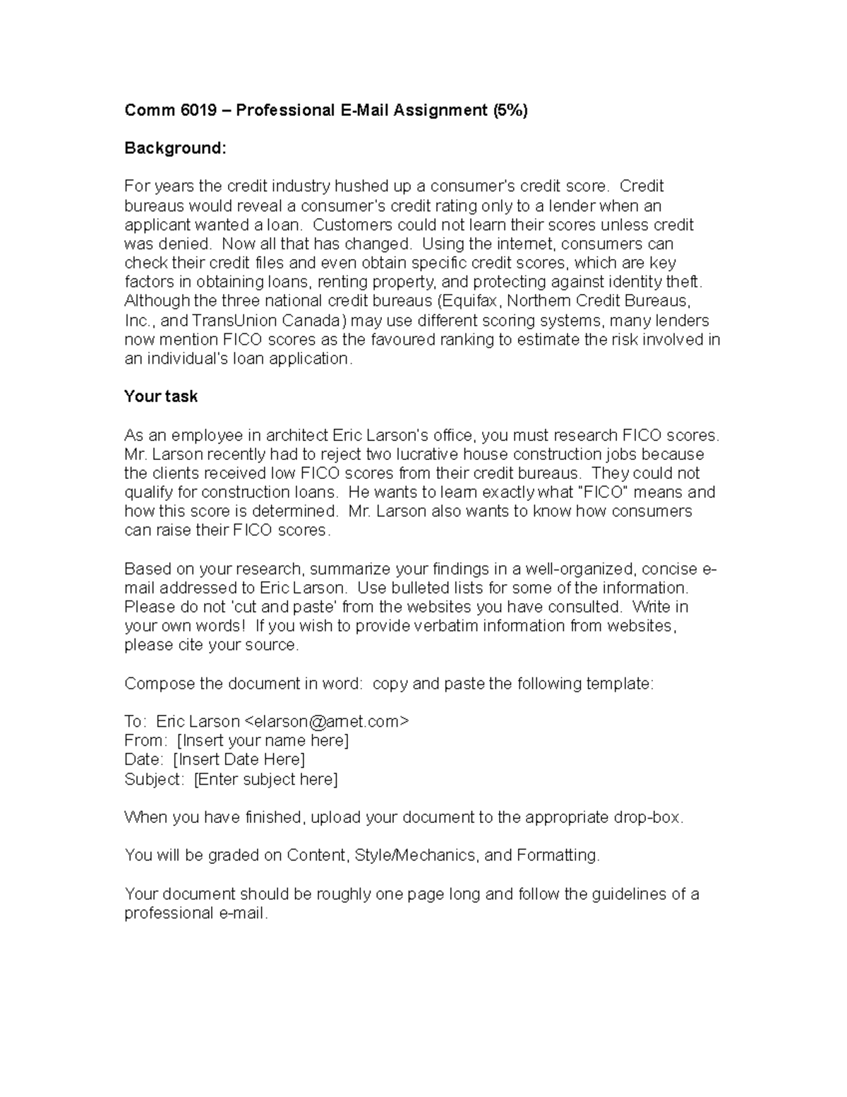 Wk2 Comm 6019 Professional Email Assignment Sample - Comm 6019 ...