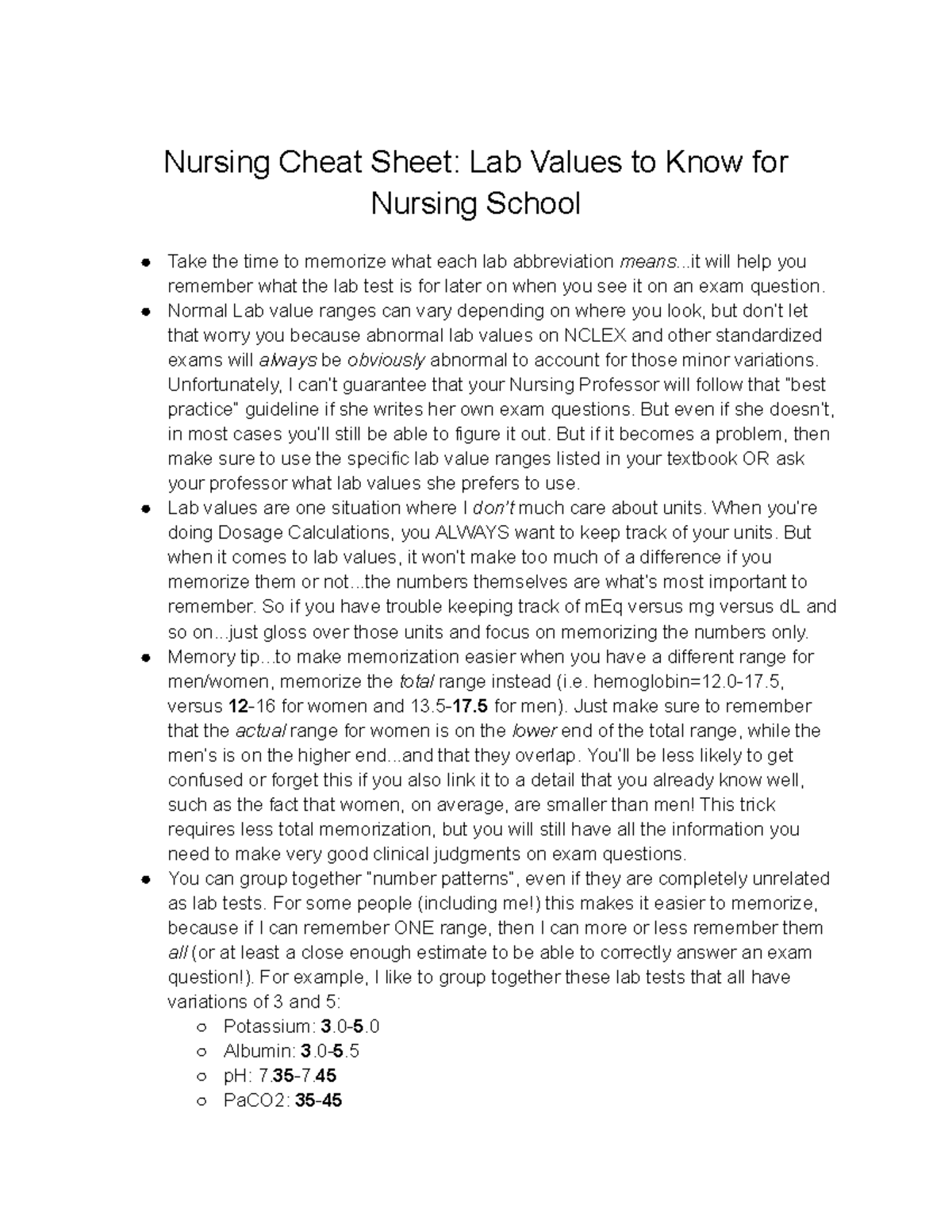 Nursing Cheat Sheet: Essential Lab Values for NCLEX Success - Studocu