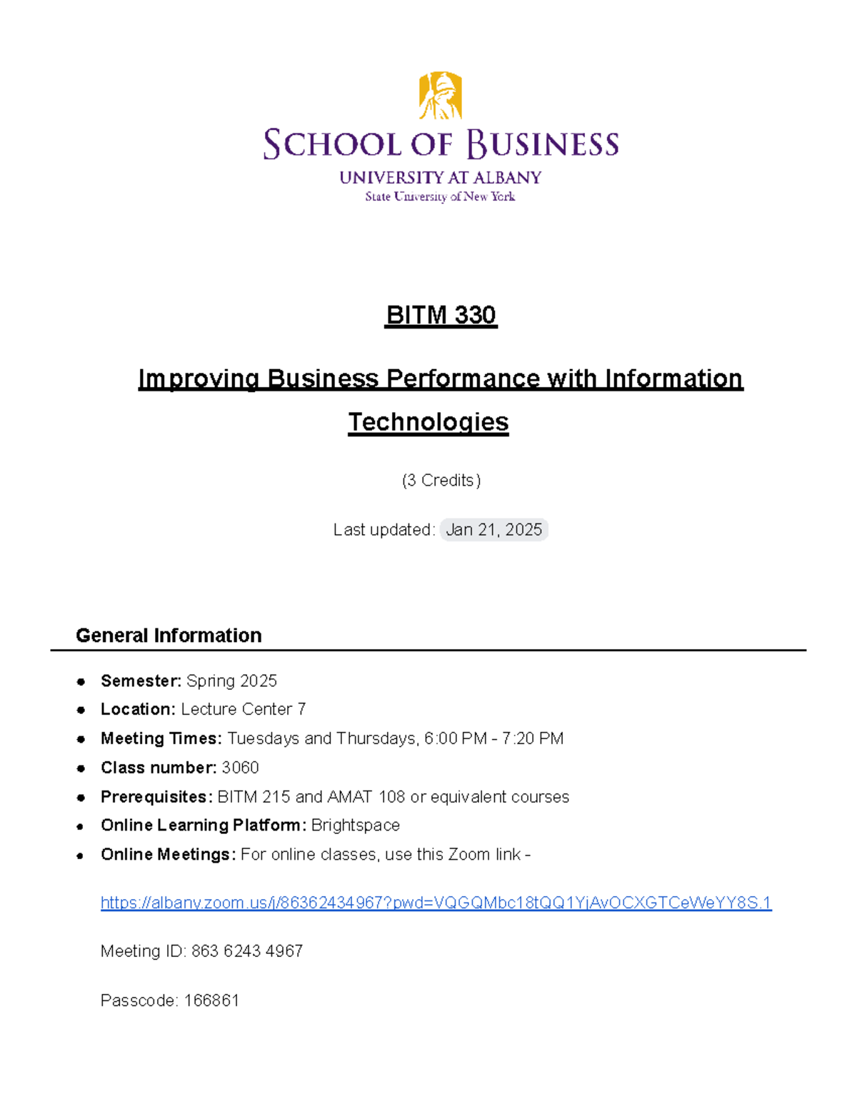 Syllabus for BITM 330: Improving Business Performance with IT, Spring ...