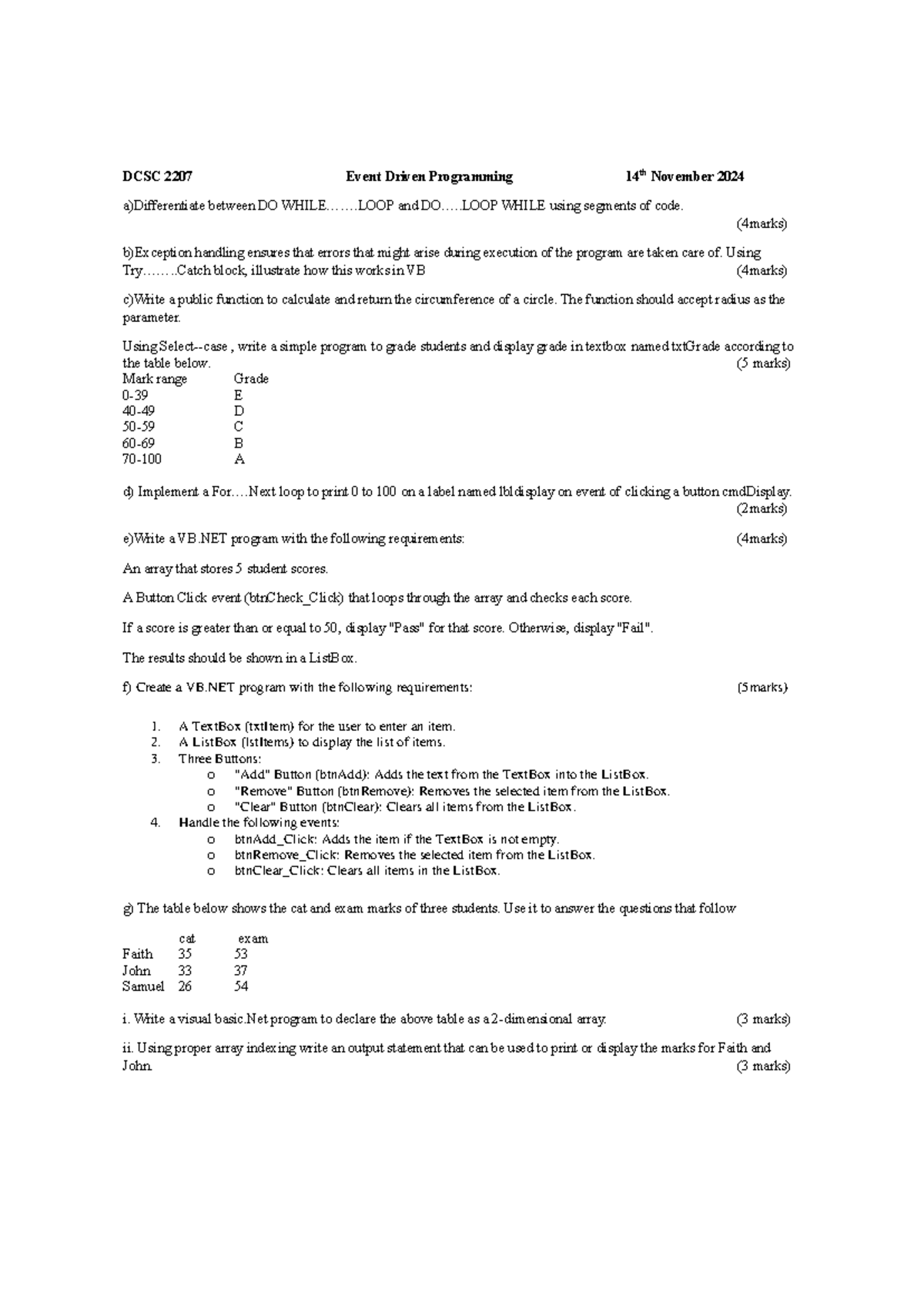 DCSC 2207 Event driven Programming CAT - ..... and DO.... WHILE using ...