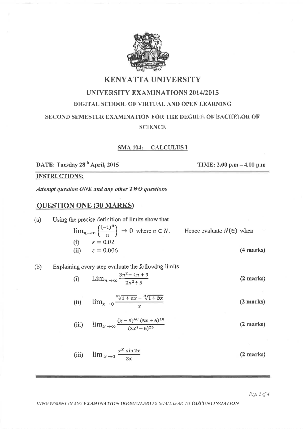 SMA 104: Calculus I Final Exam Questions and Solutions - Studocu
