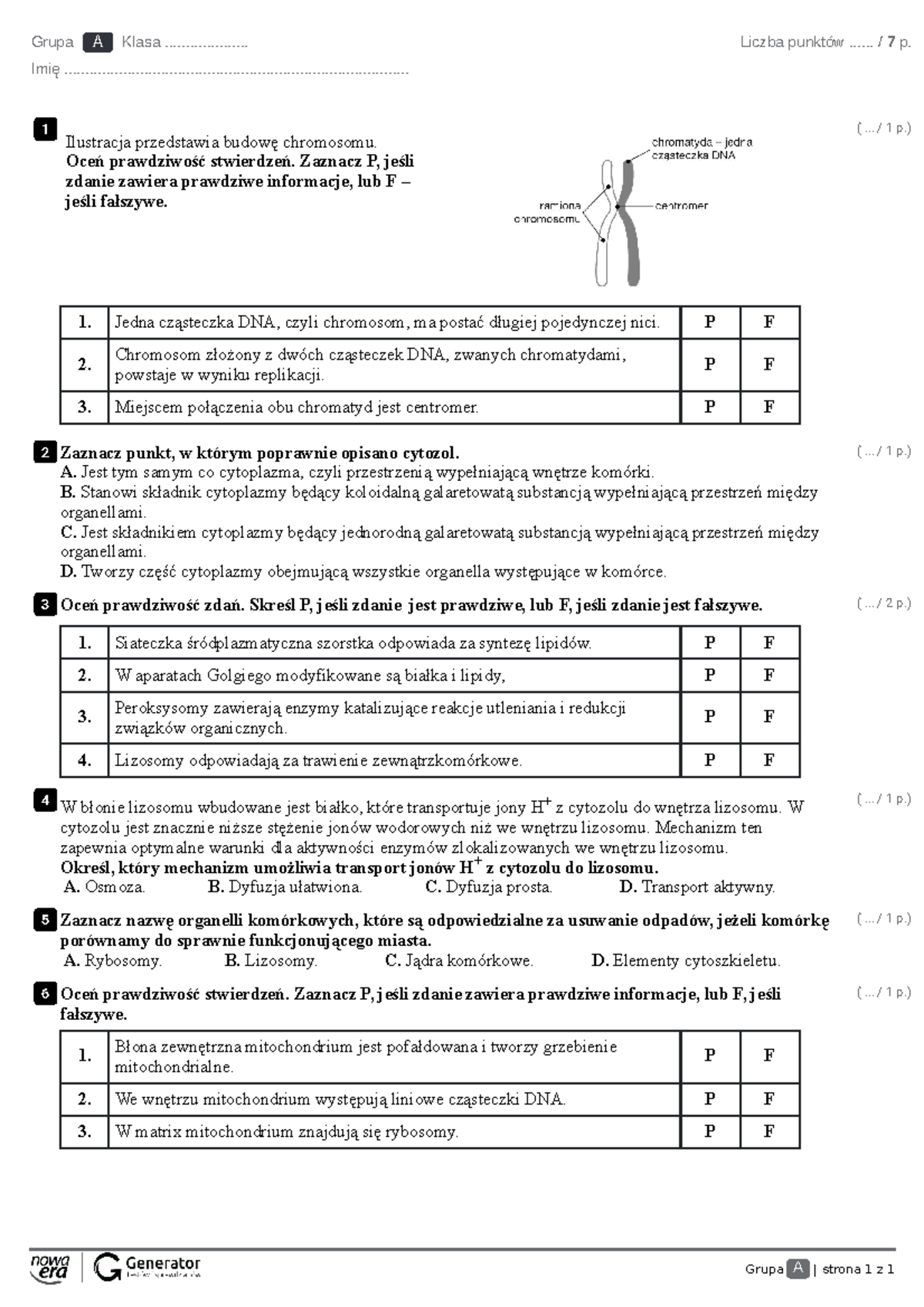 Test z widoczną punktacją: Komórka - Podstawowa jednostka życia