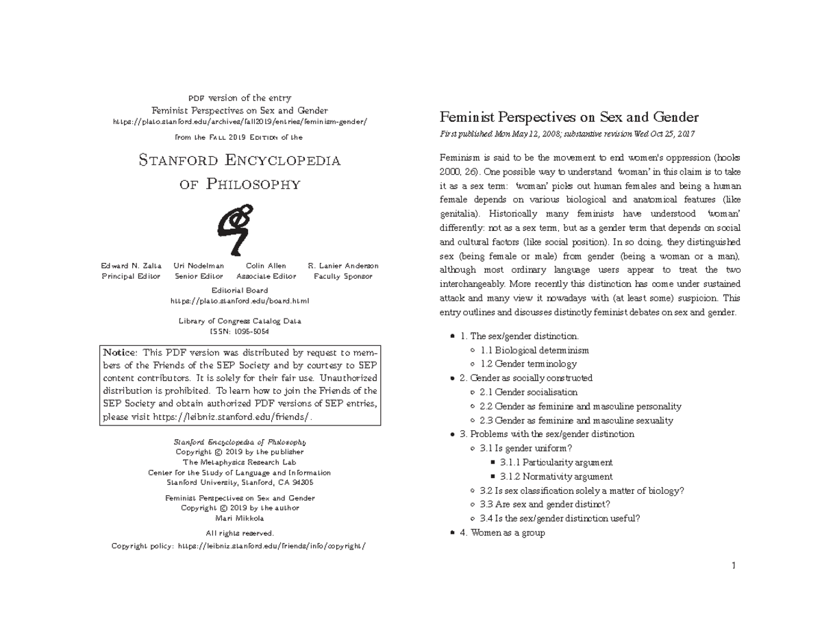Feminist Perspectives on Sex and Gender: A Critical Overview (PHIL 2019 ...