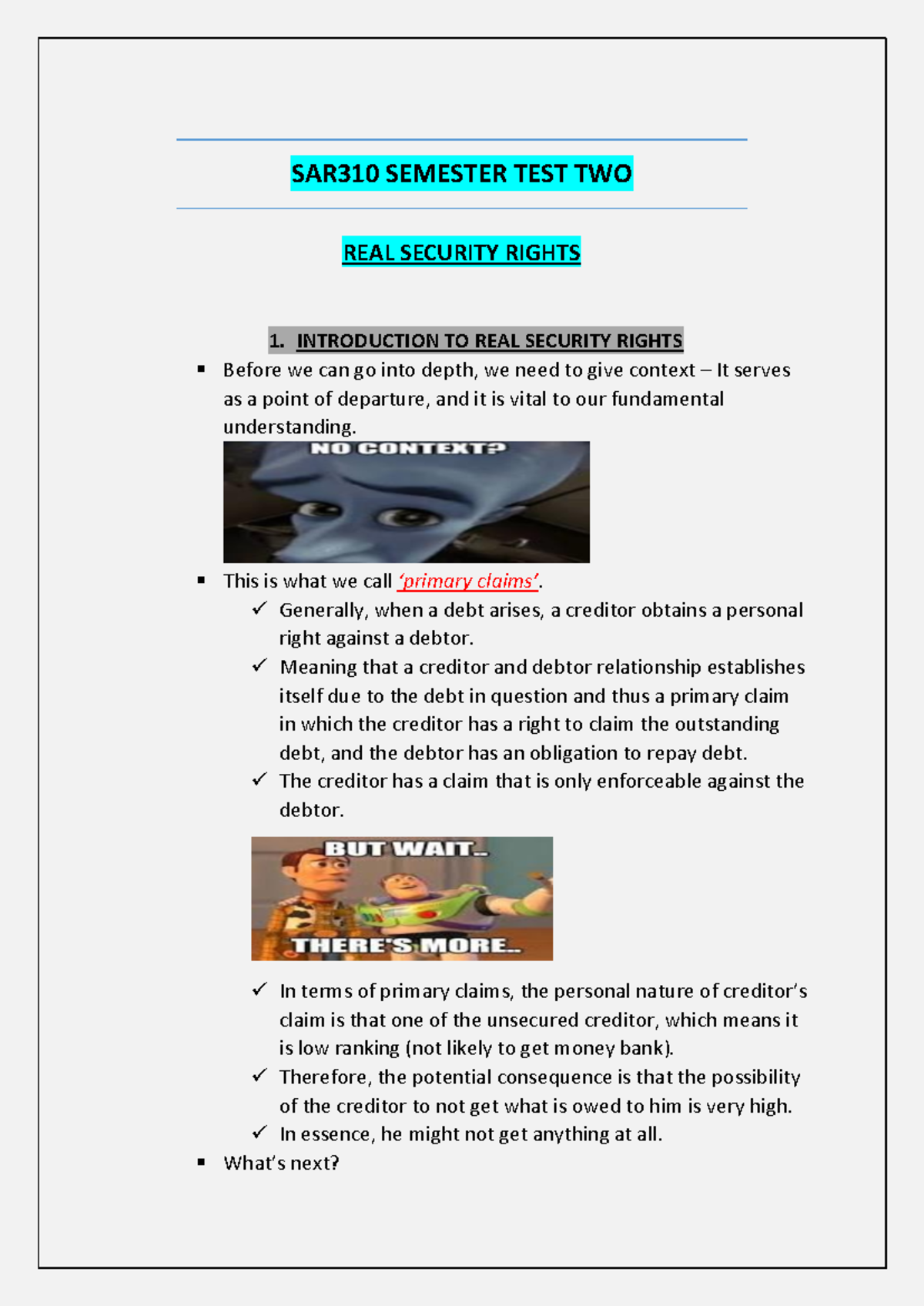SAR310 Semester Test Two: Overview of Real Security Rights Guide - Studocu