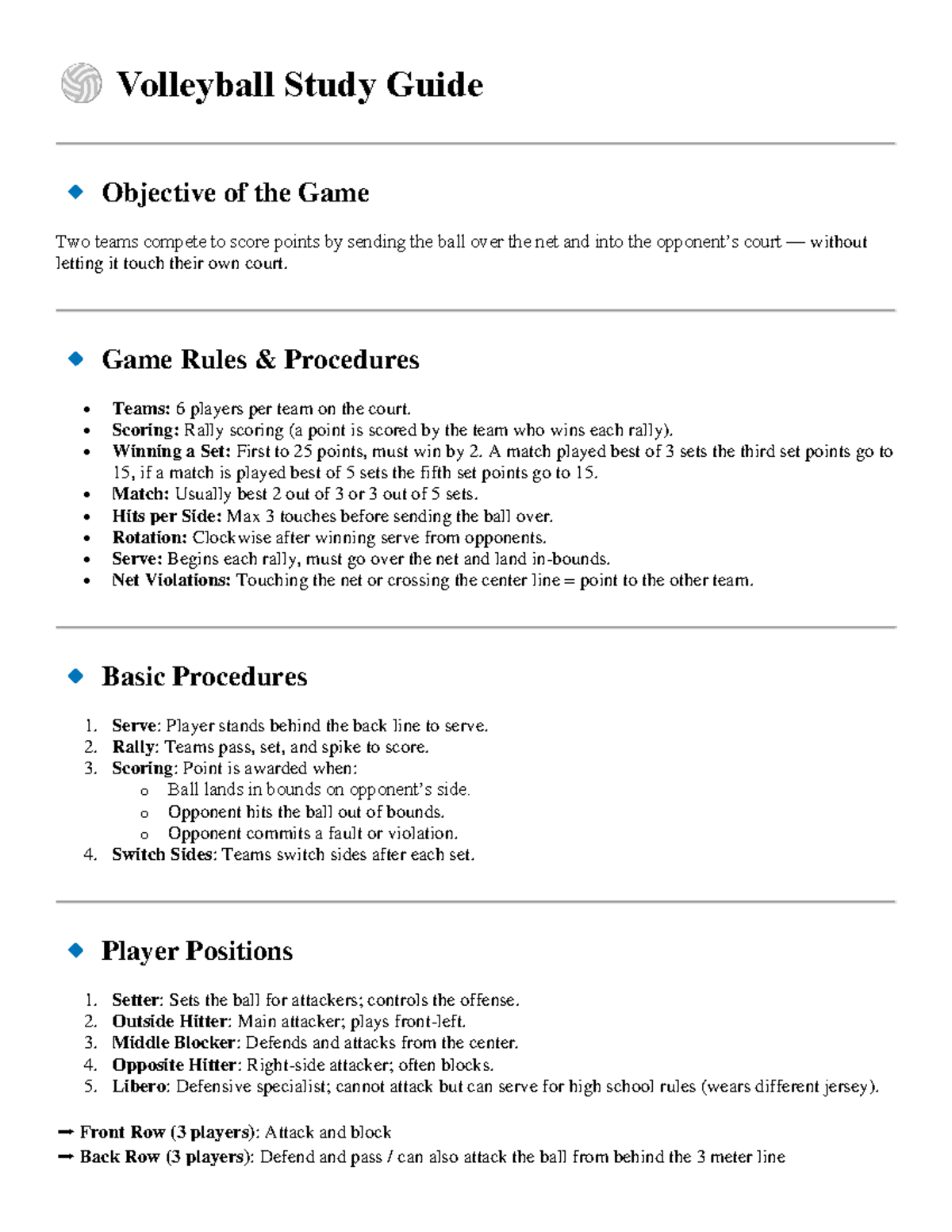 Volleyball Study Guide: Game Rules & Player Positions Overview - Studocu