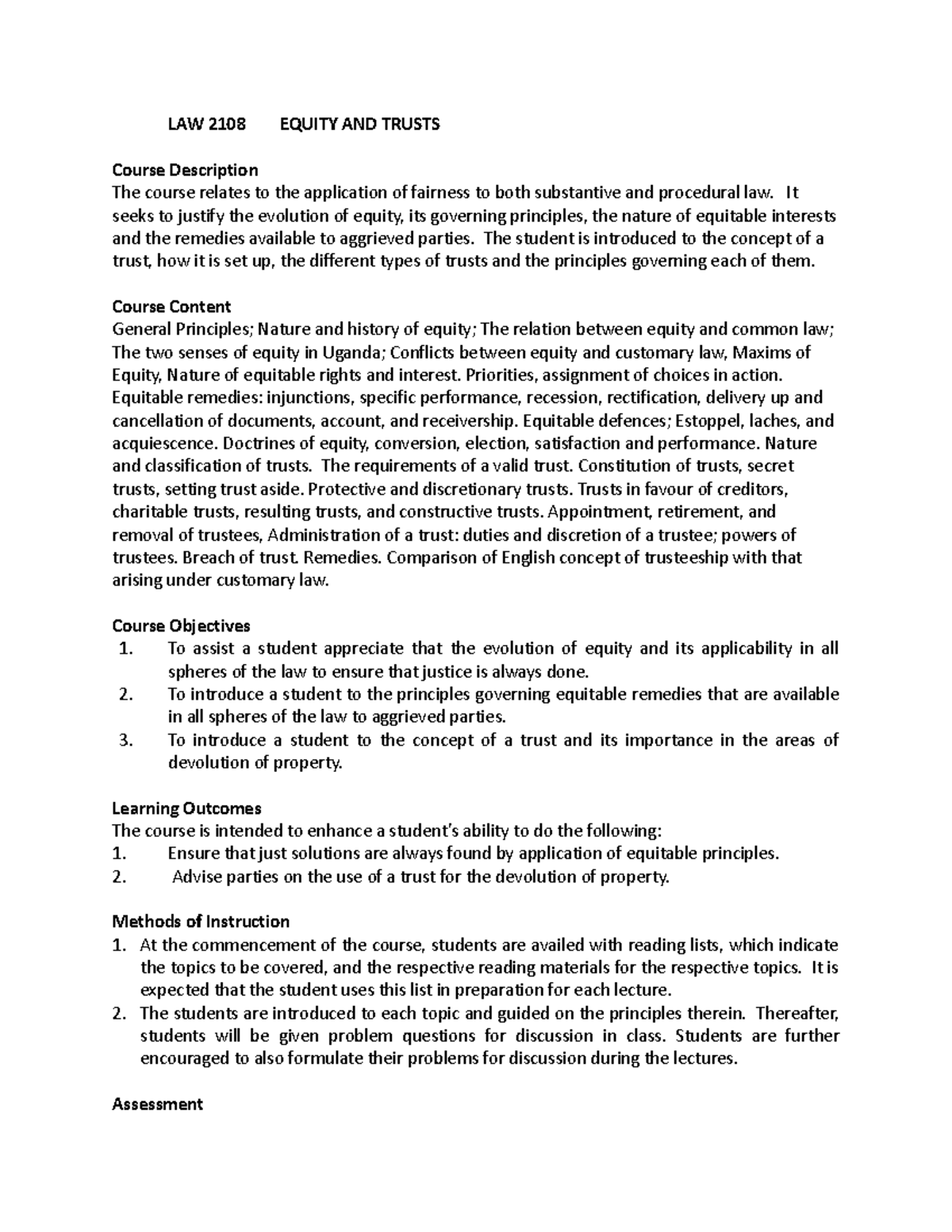 LAW 2108 Equity and Trusts Course Overview and Key Principles - Studocu