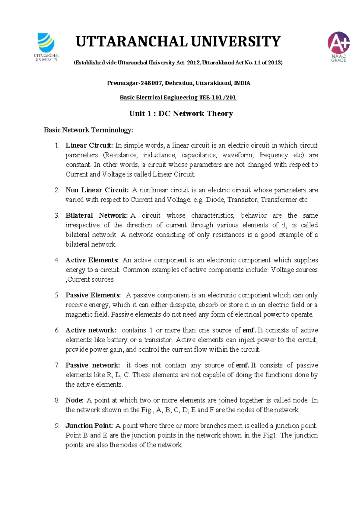 TEE-101-SM03: Comprehensive Notes on DC Network Theory - Studocu