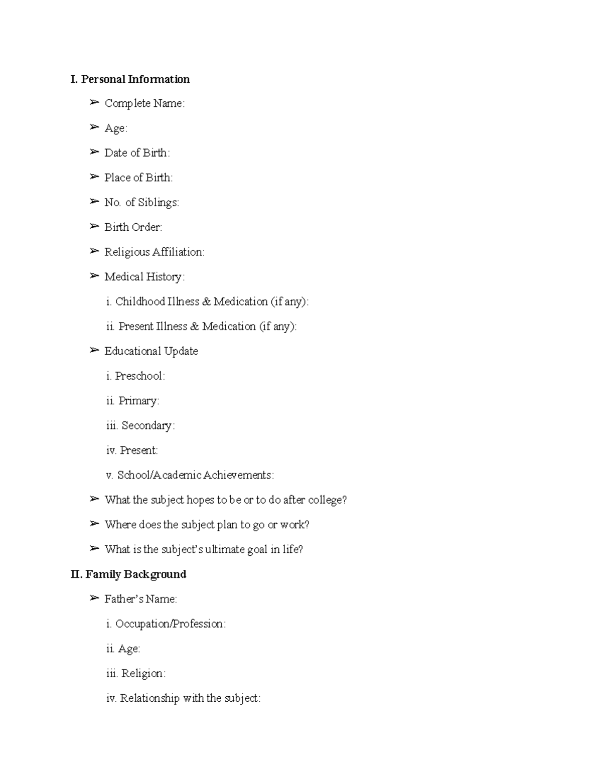 Interview Guide for Case Evaluation: Personal & Family Background - Studocu