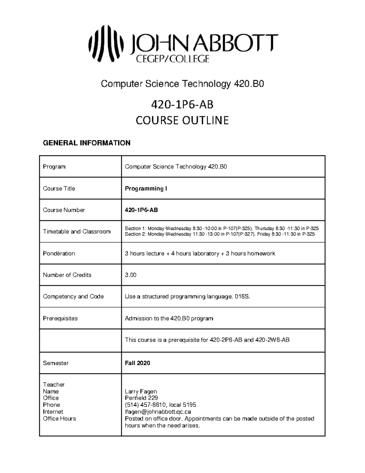 420-1P6-AB - Programming I Course Outline and Schedule - Studocu