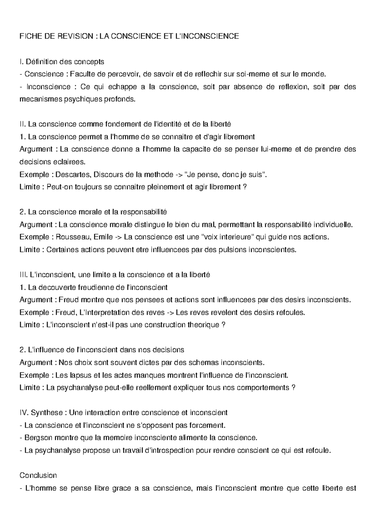 Fiche De Révision La Conscience Et L Inconscience Studocu