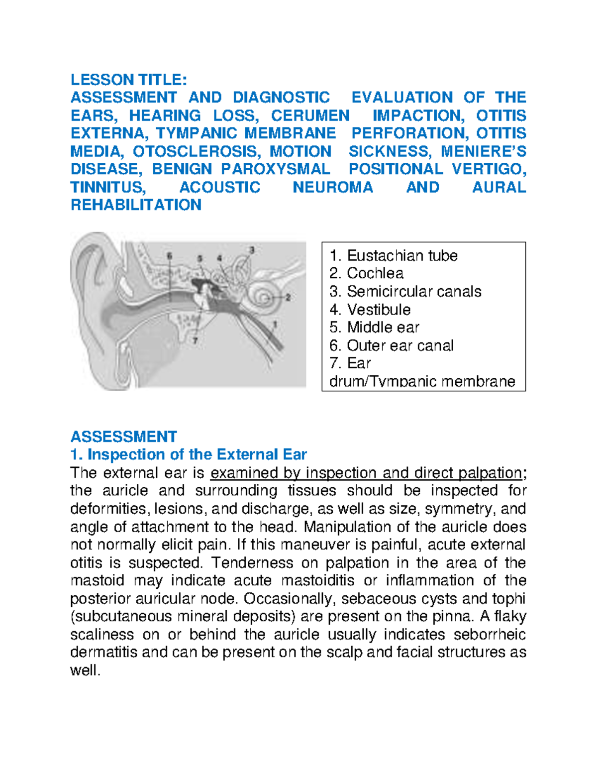 Lesson 22: Assessment & Diagnostic Evaluation of Ear Disorders - Studocu