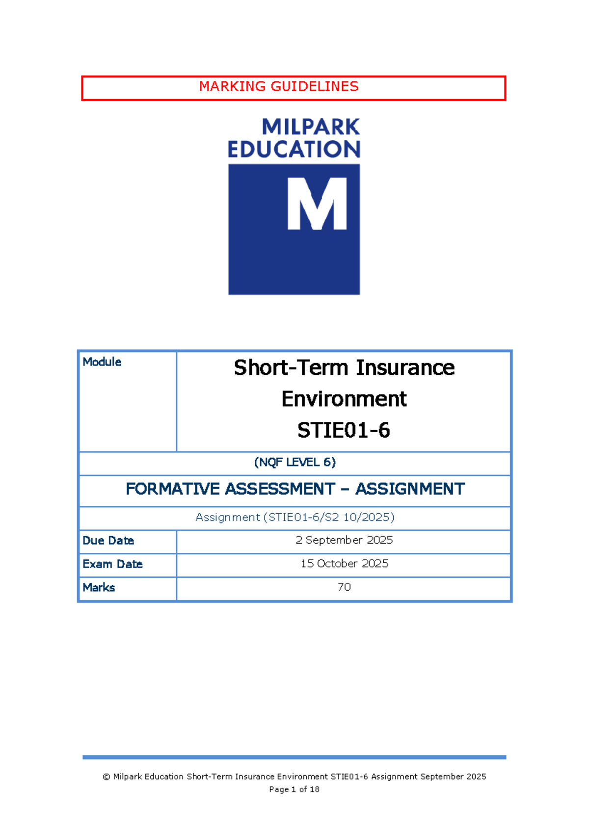 STIE01-6 S2 Marking Guidelines for Insurance Module Formative ...