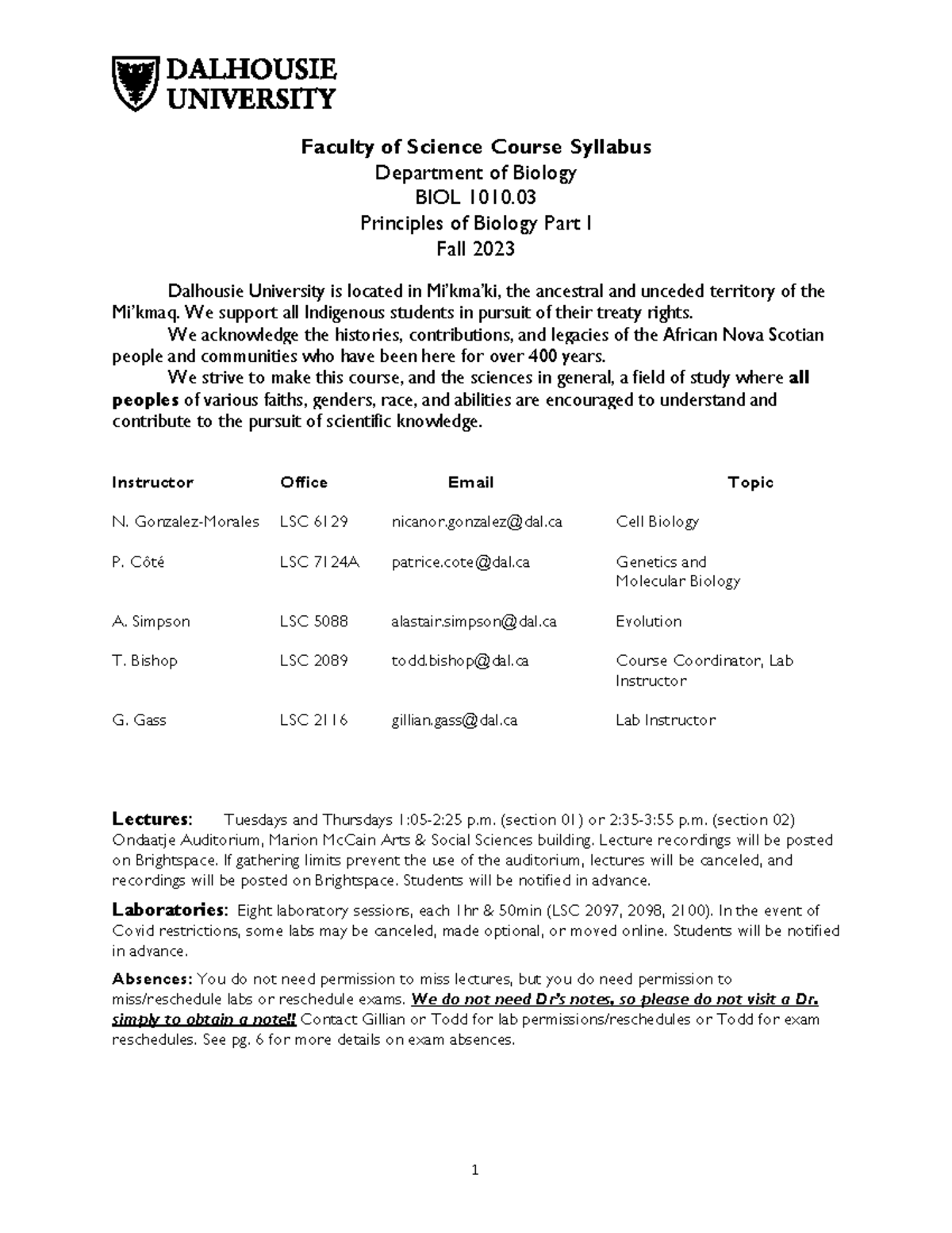 BIOL 1010.03 Fall 2023 Course Syllabus: Principles of Biology I - Studocu