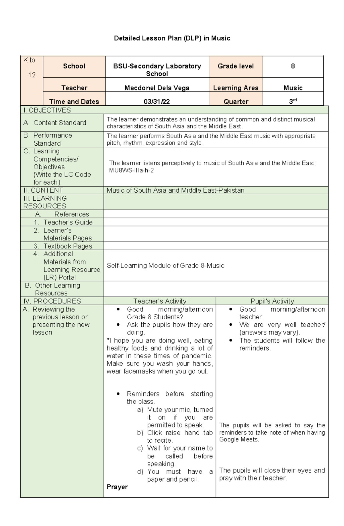 641738949 18 Detailed Lesson Plan in Music for Grade 8 Pakistan ...