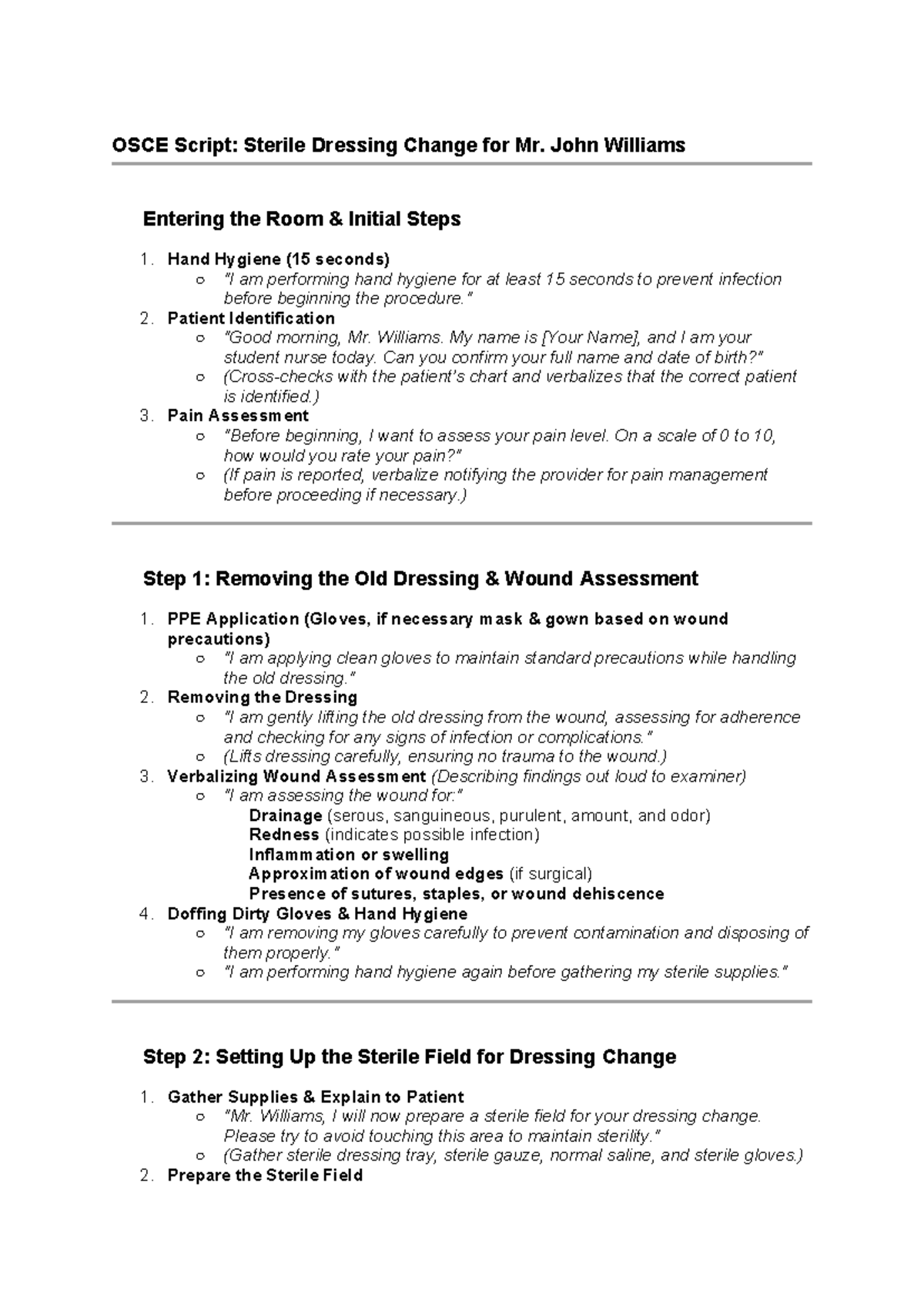 OSCE Script: Sterile Dressing Change Procedure for Mr. John Williams ...