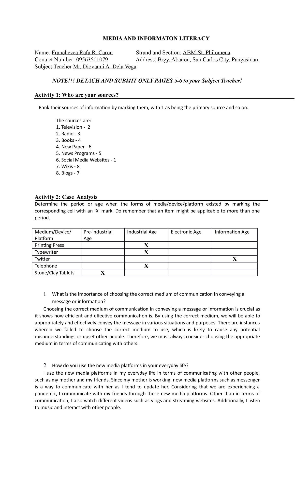 MIL 101 - Media and Information Literacy Answers and Activities - Studocu
