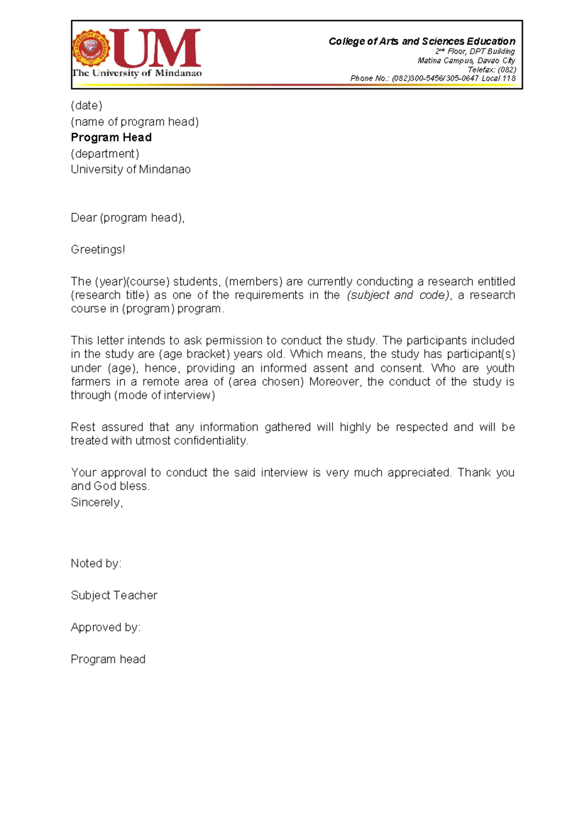 Request for Research Conduct Permission in (Subject Code) Course - Studocu