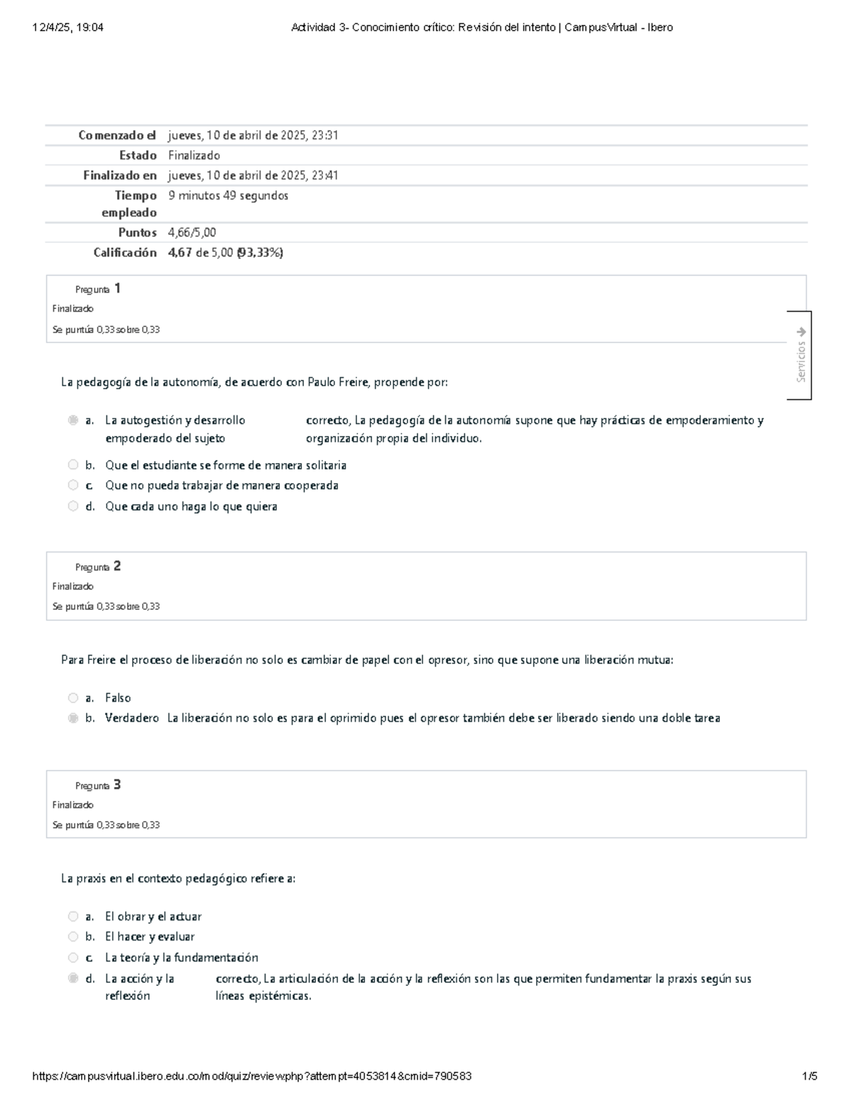 Actividad 3: Conocimiento Crítico - Revisión del Intento (Campus Virtual Ibero) - Document Preview