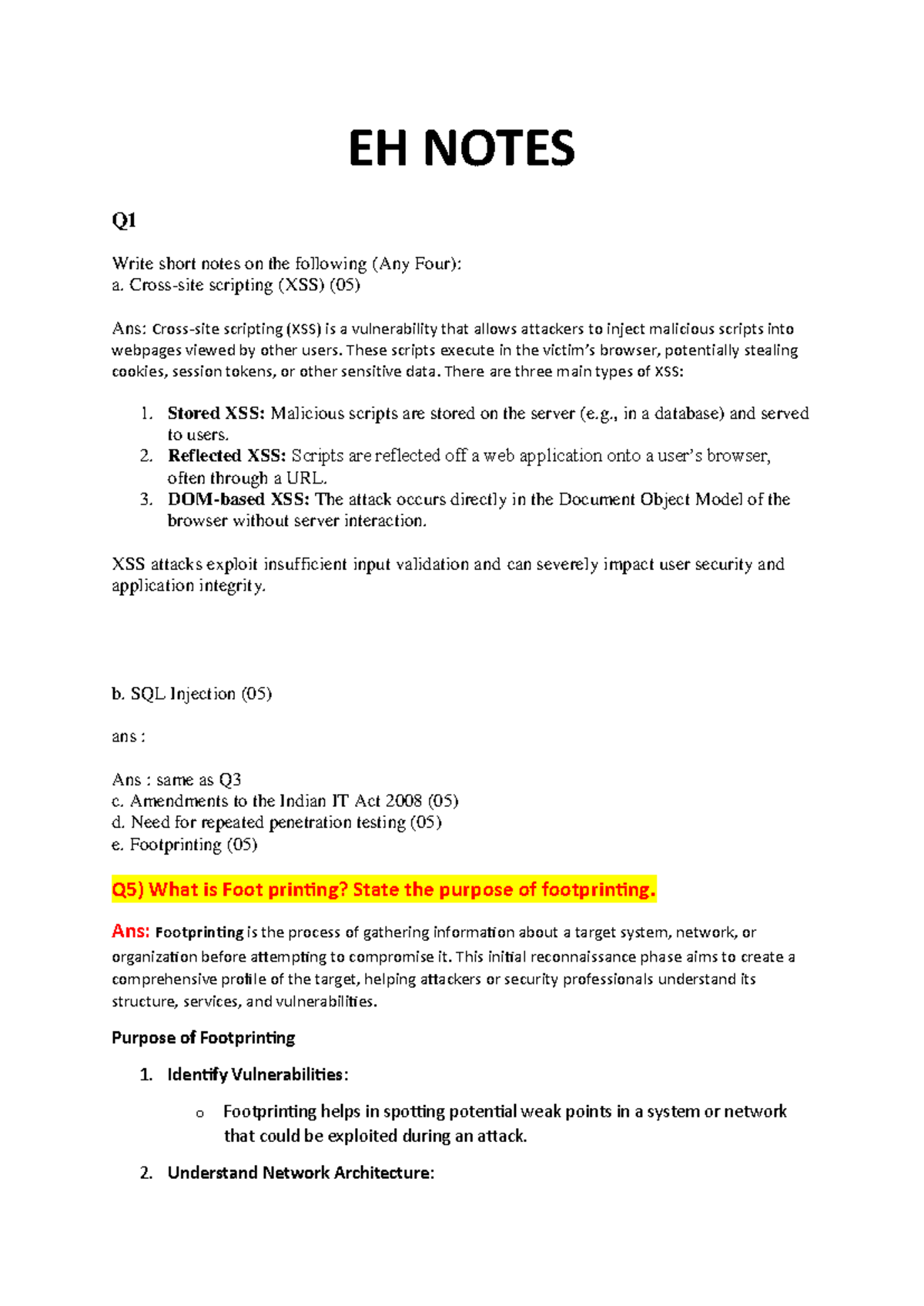 EH Notes sem 3 - Ethical hacking PYQ - EH NOTES Q Write short notes on ...