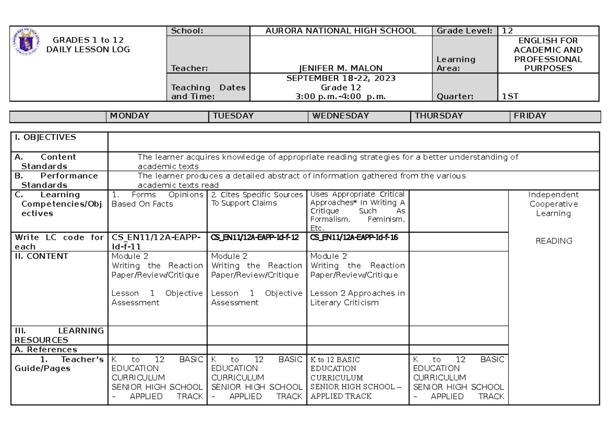 4 - Daily Learning Plan - GRADES 1 to 12 DAILY LESSON LOG School ...