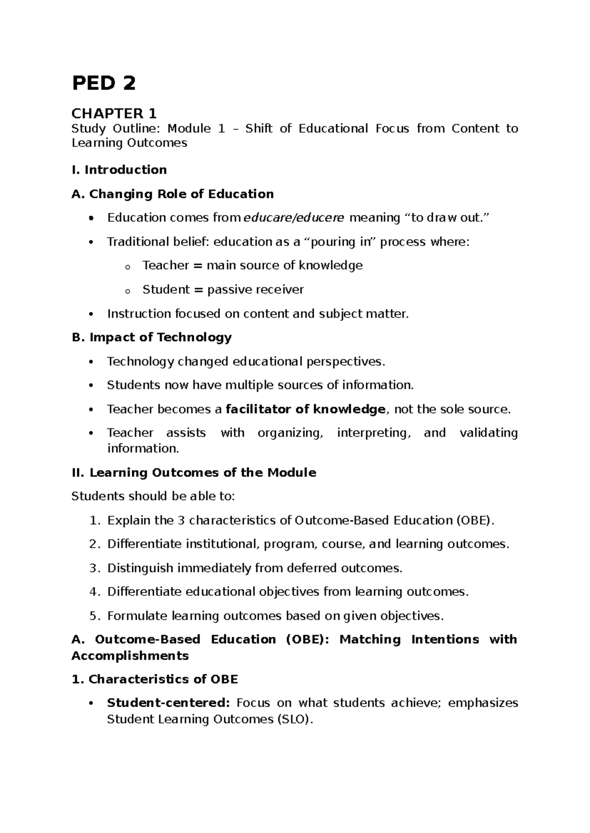PED 2 LECTURE NOTES: Shift from Content to Learning Outcomes - Studocu