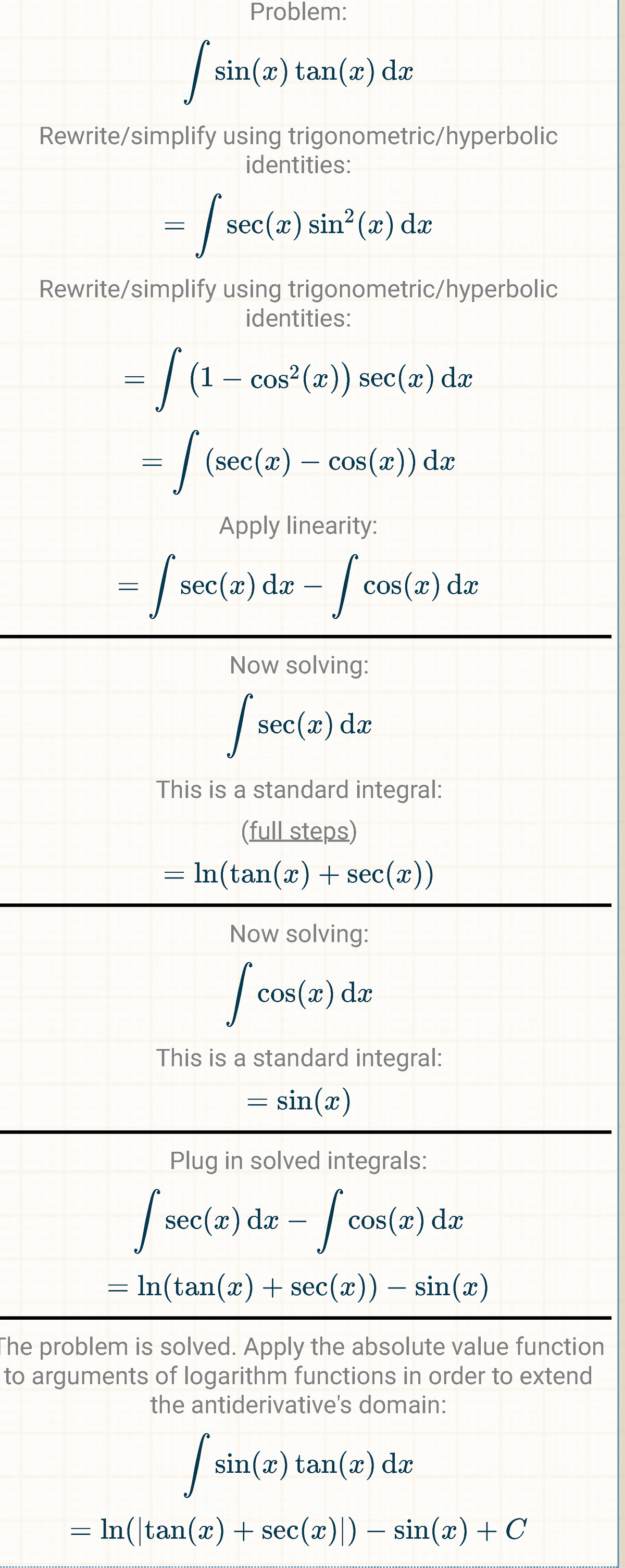 Solution - Math - Problem: ∫ sin(x) tan(x) dx Rewrite/simplify using ...
