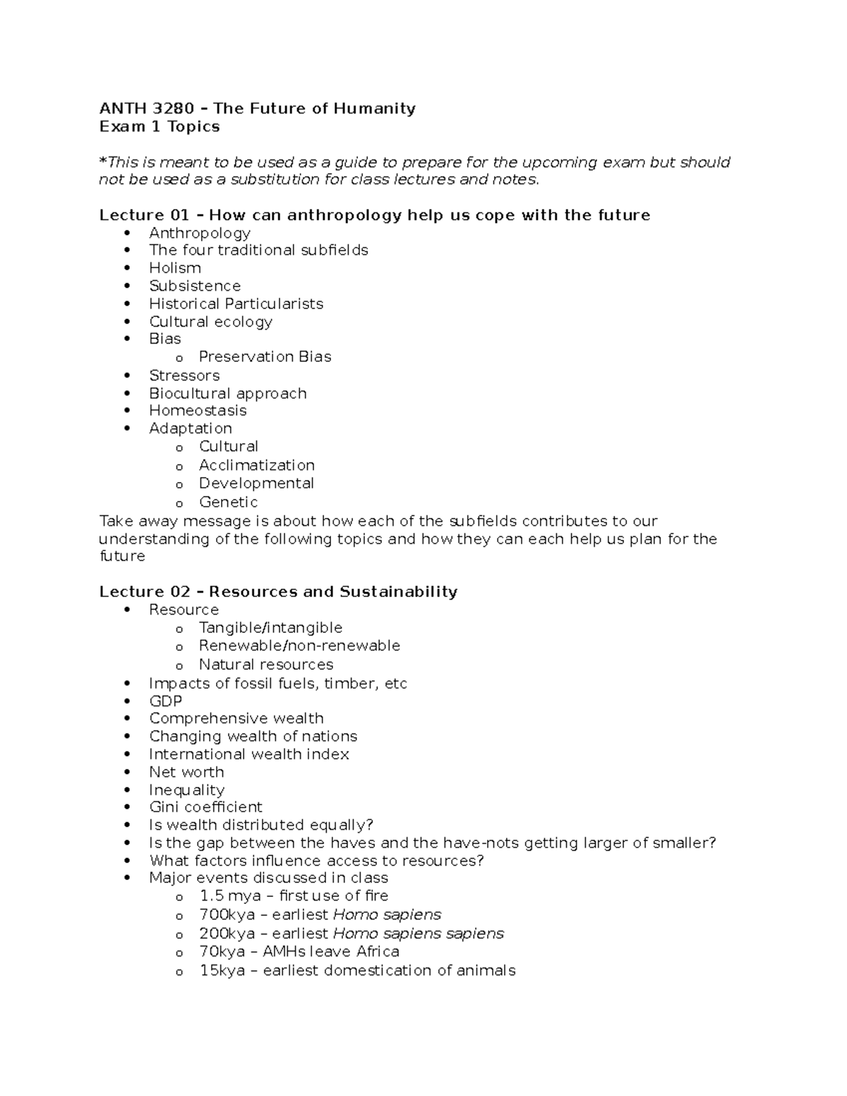 ANTH 3280 – Exam 1 Study Guide: Future of Humanity Topics - Studocu