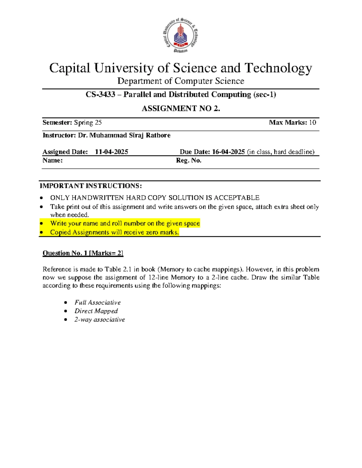 Assignment 1 - Sec1 2 - CSCS: Parallel & Distributed Computing - Studocu
